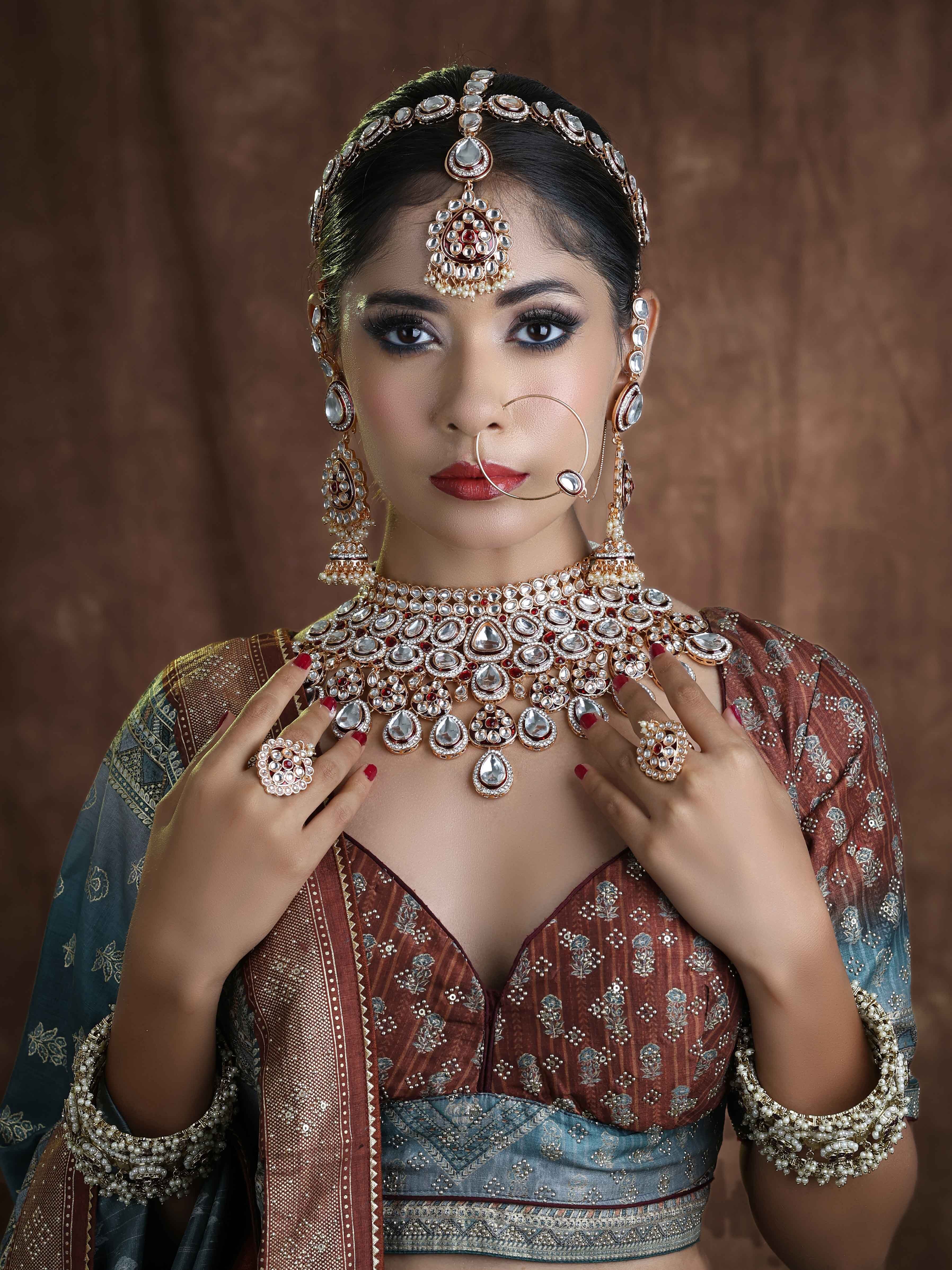 Dazzling Divinity Kundan Semi Bridal Rose Gold Plated Jewellery Set..
