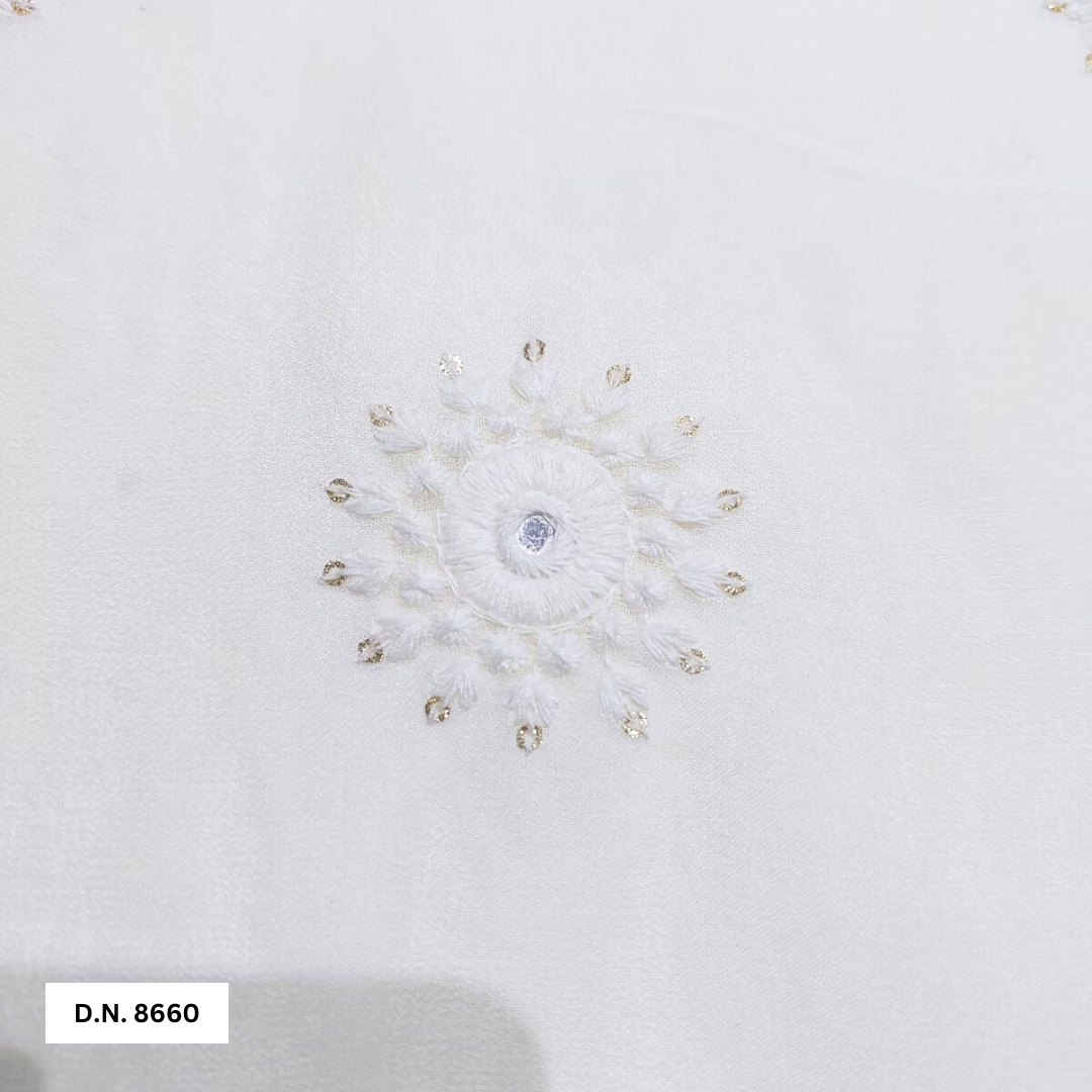 White Cotton Thread With Gold Glitter Sequin Motif Embroidered Fabric