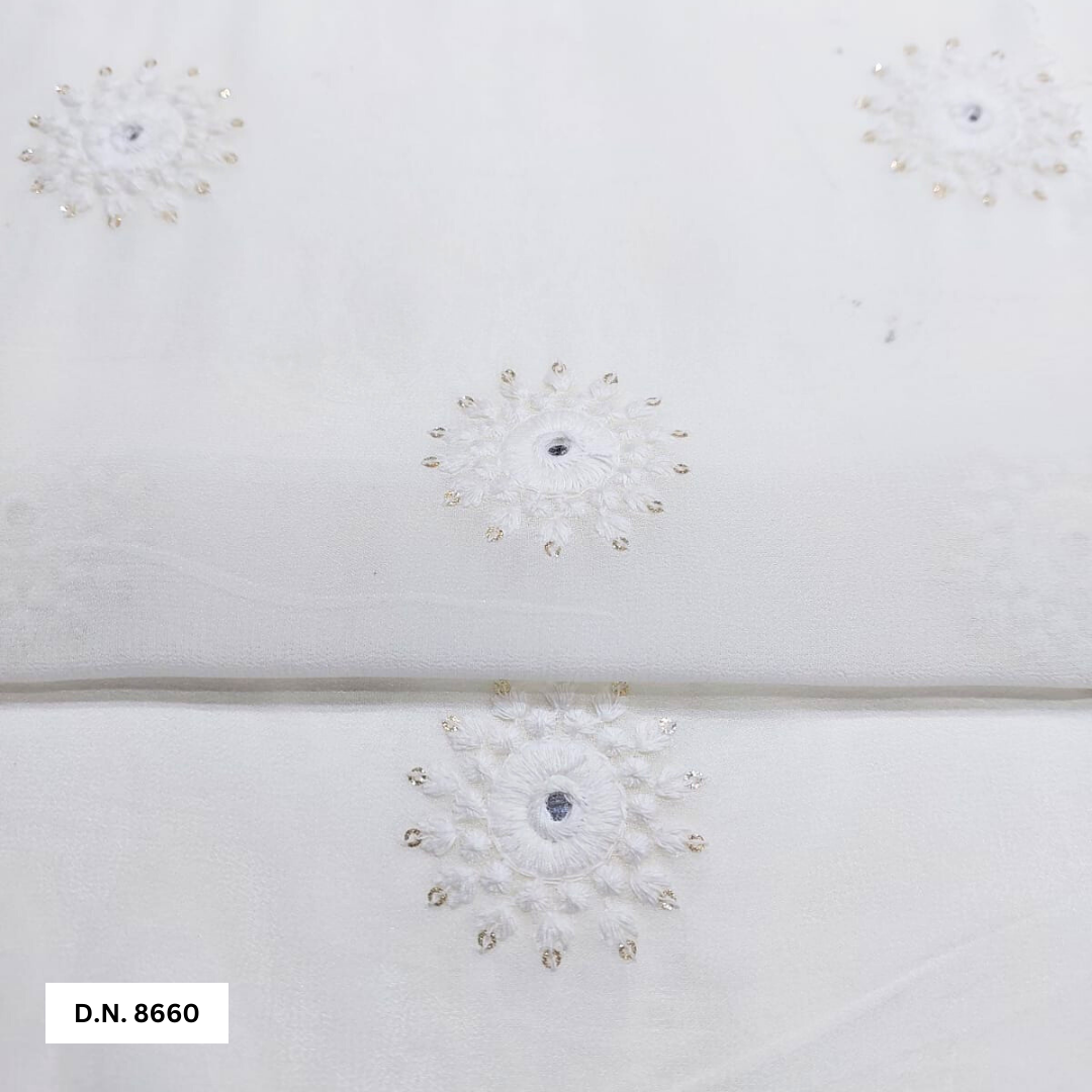 White Cotton Thread With Gold Glitter Sequin Motif Embroidered Fabric