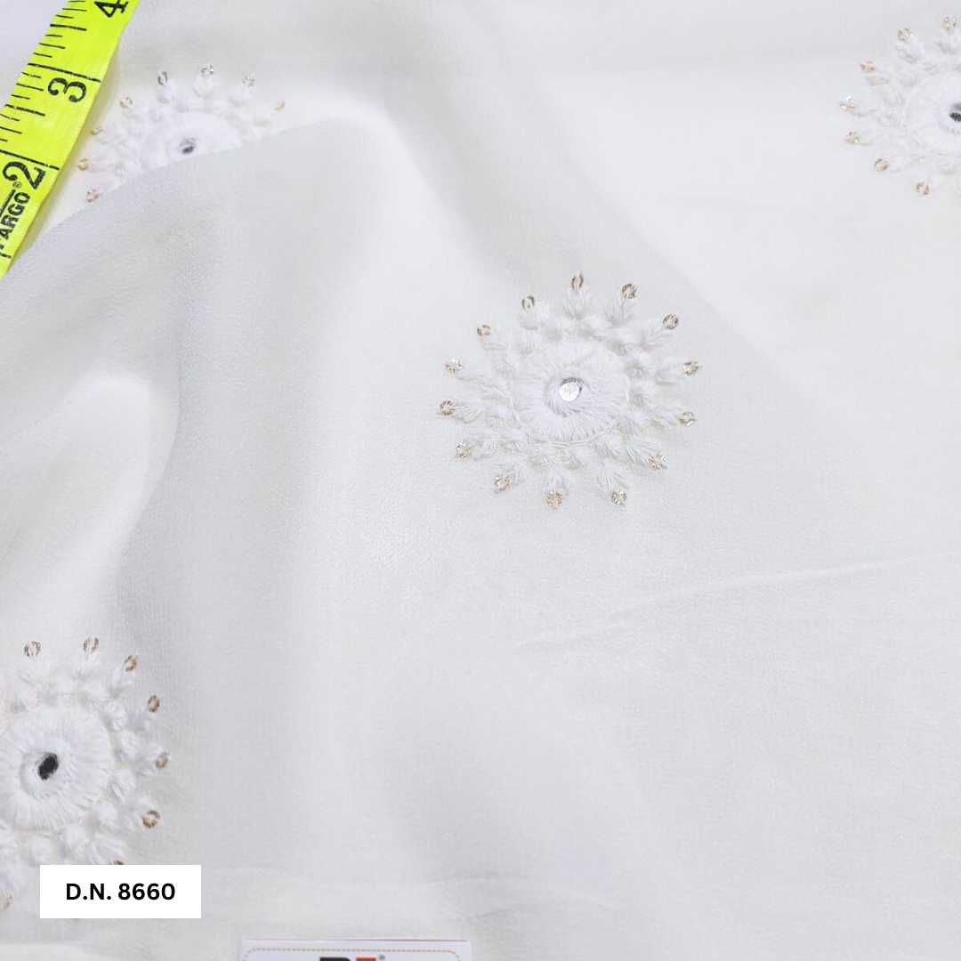 White Cotton Thread With Gold Glitter Sequin Motif Embroidered Fabric