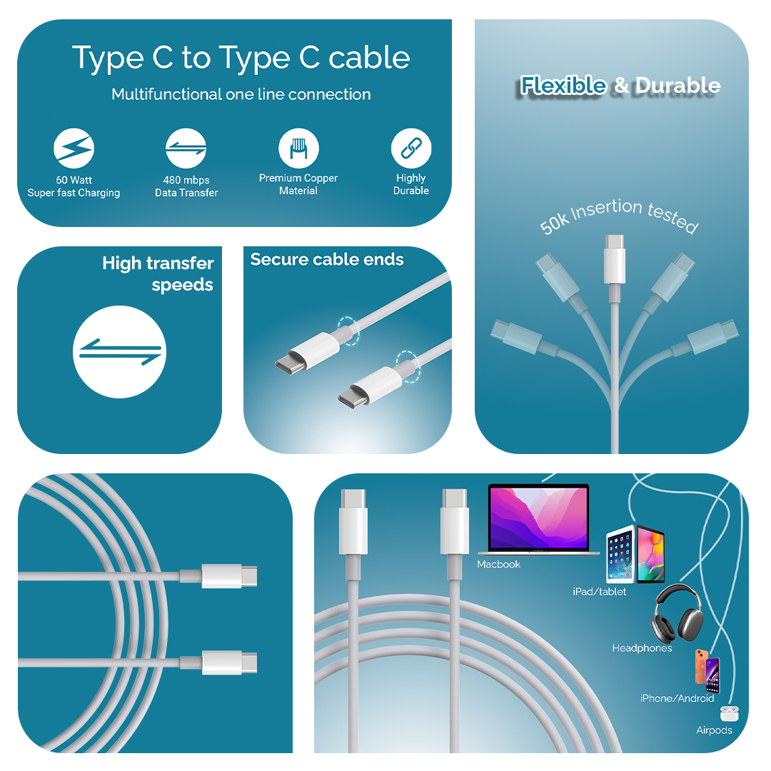 Compatibility C To C Usb Type Charging Cable 1 Meter White Plastic Copper 3a Data