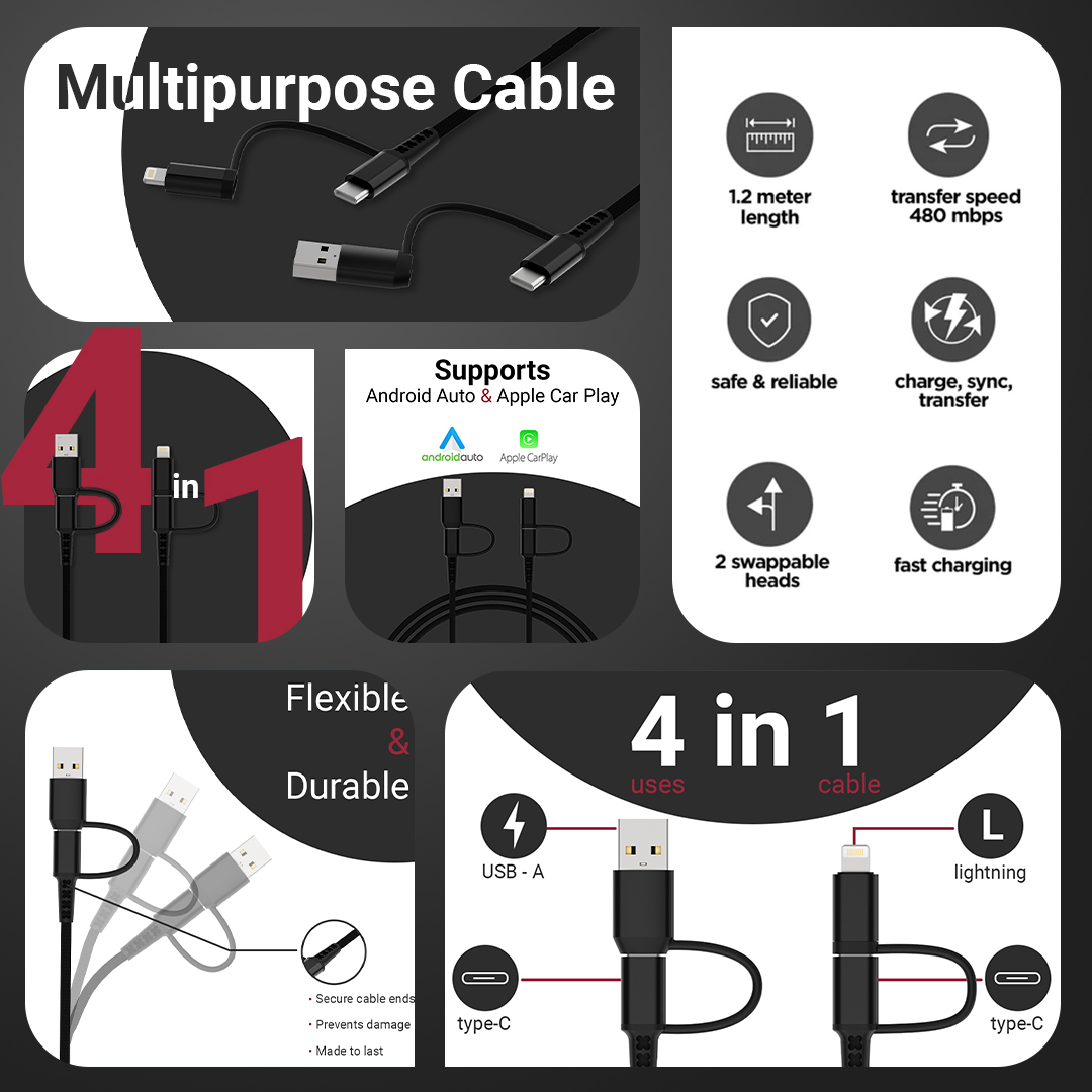 4 In 1 Charging Cable (Android & Ios Apple) - Plastic/copper, 60w Super Fast Charging, Multi-tip Design, Compatible With Android Auto & Apple Carplay