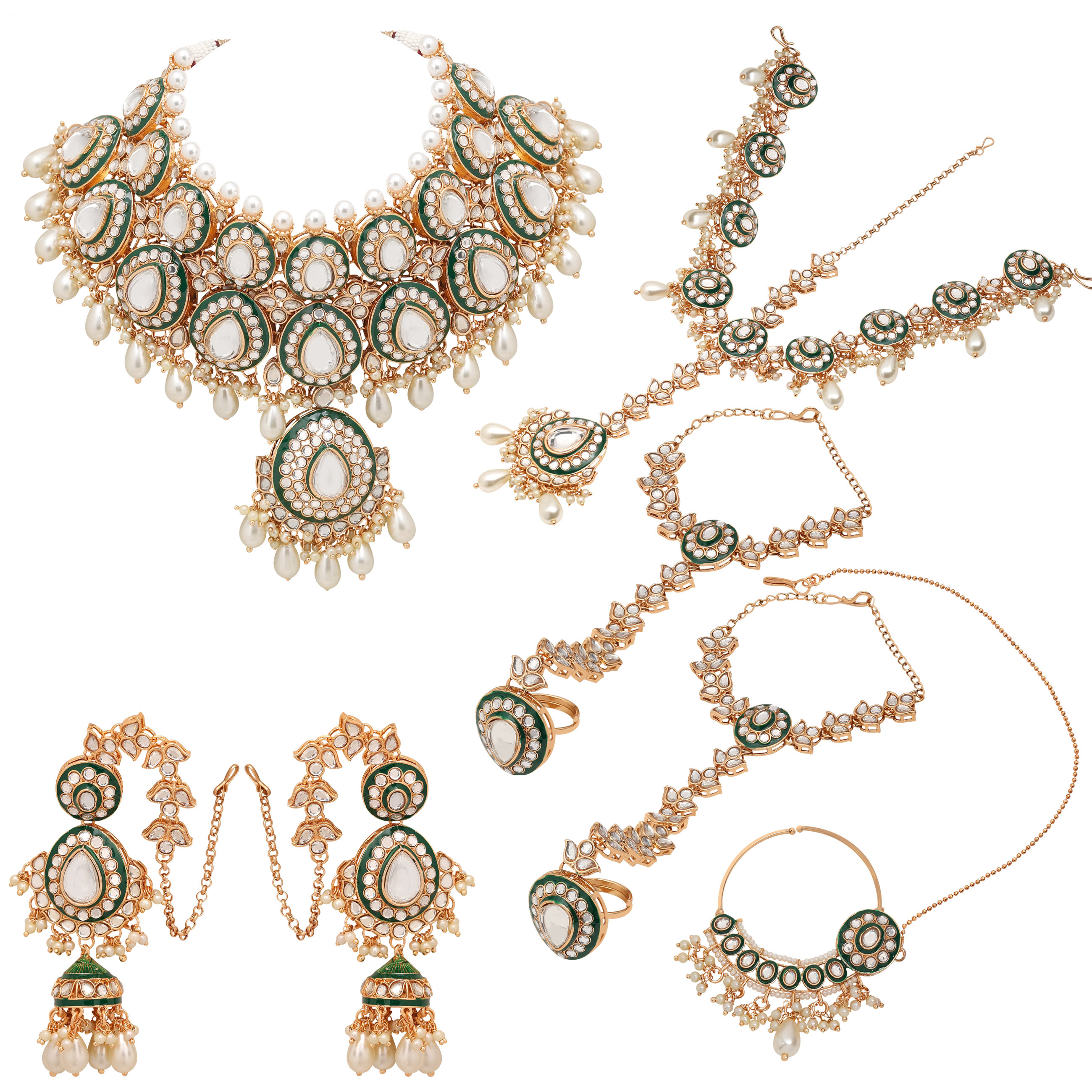 Kundan Luster Ensemble - Gold Plated Jewelry Set | 20 Cm Necklace 15 Cm Earrings Intricate Pearl And Kundan Work Adjustable Size For Wedding And Engagement
