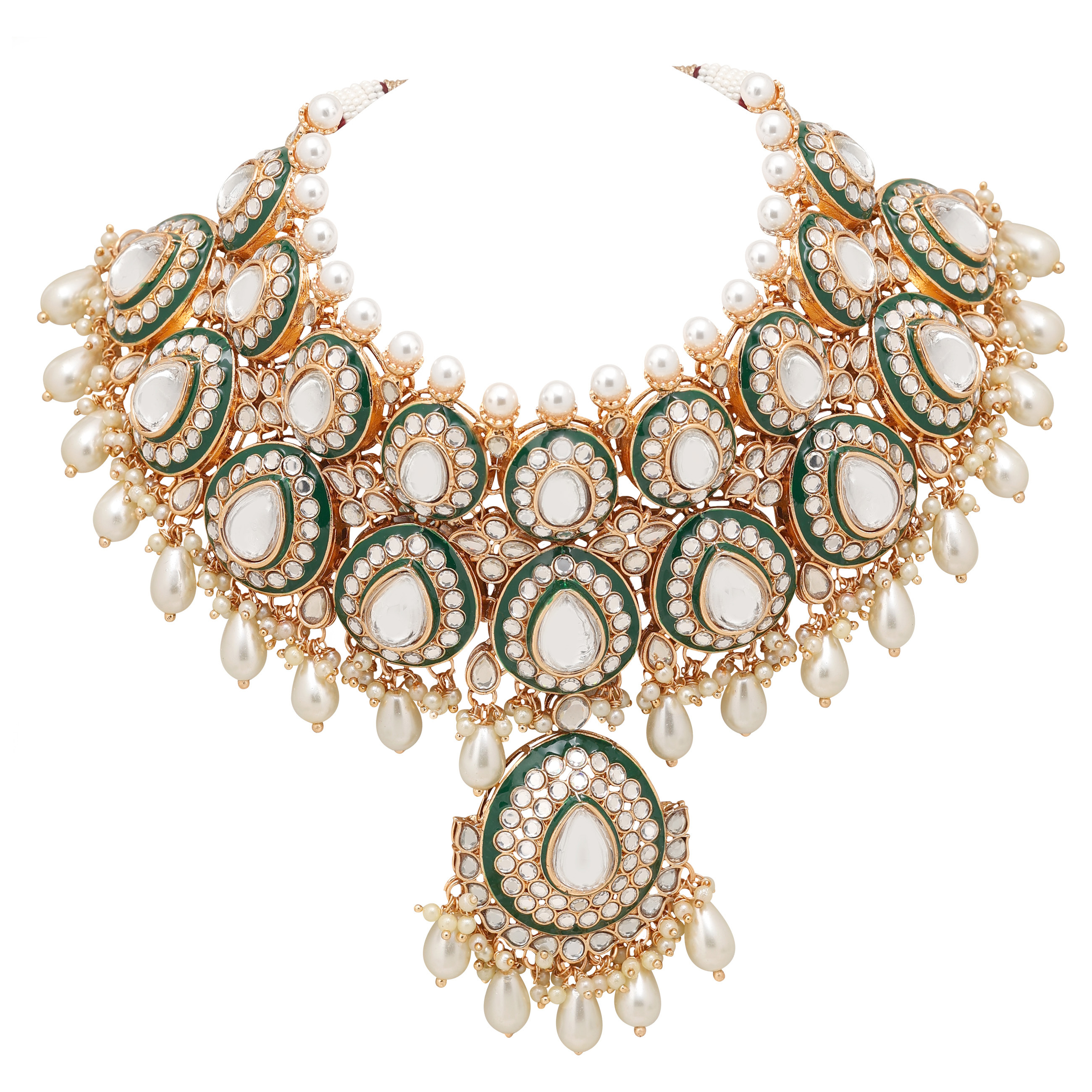 Kundan Luster Ensemble - Gold Plated Jewelry Set | 20 Cm Necklace 15 Cm Earrings Intricate Pearl And Kundan Work Adjustable Size For Wedding And Engagement