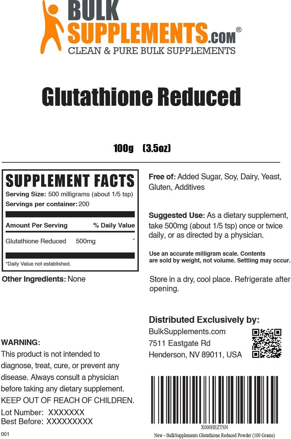 Bulksupplements.com Glutathione Reduced Powder 100 Gram - 200 Servings, High Potency Pure Powder, Supports Overall Health And Wellness