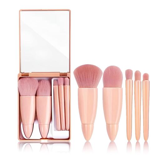 Makeup Brush Applicator Set Of 5 With Mirror & Pouch (Pack Of 5) - Color: Pink