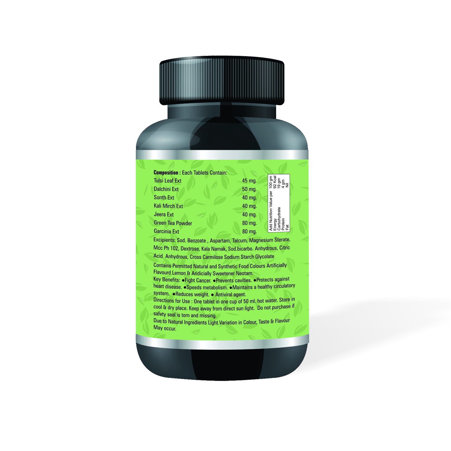 Green Tea Tablets - Herbal Blends With Green Tea Extract, Grape Seed, Cinnamon, Tulsi, Lemon, Ginger, Kali Mirch, Black Salt | Supports Weight Loss, Gut Health, Immunity Boost, Digestive Aid, Heart Health