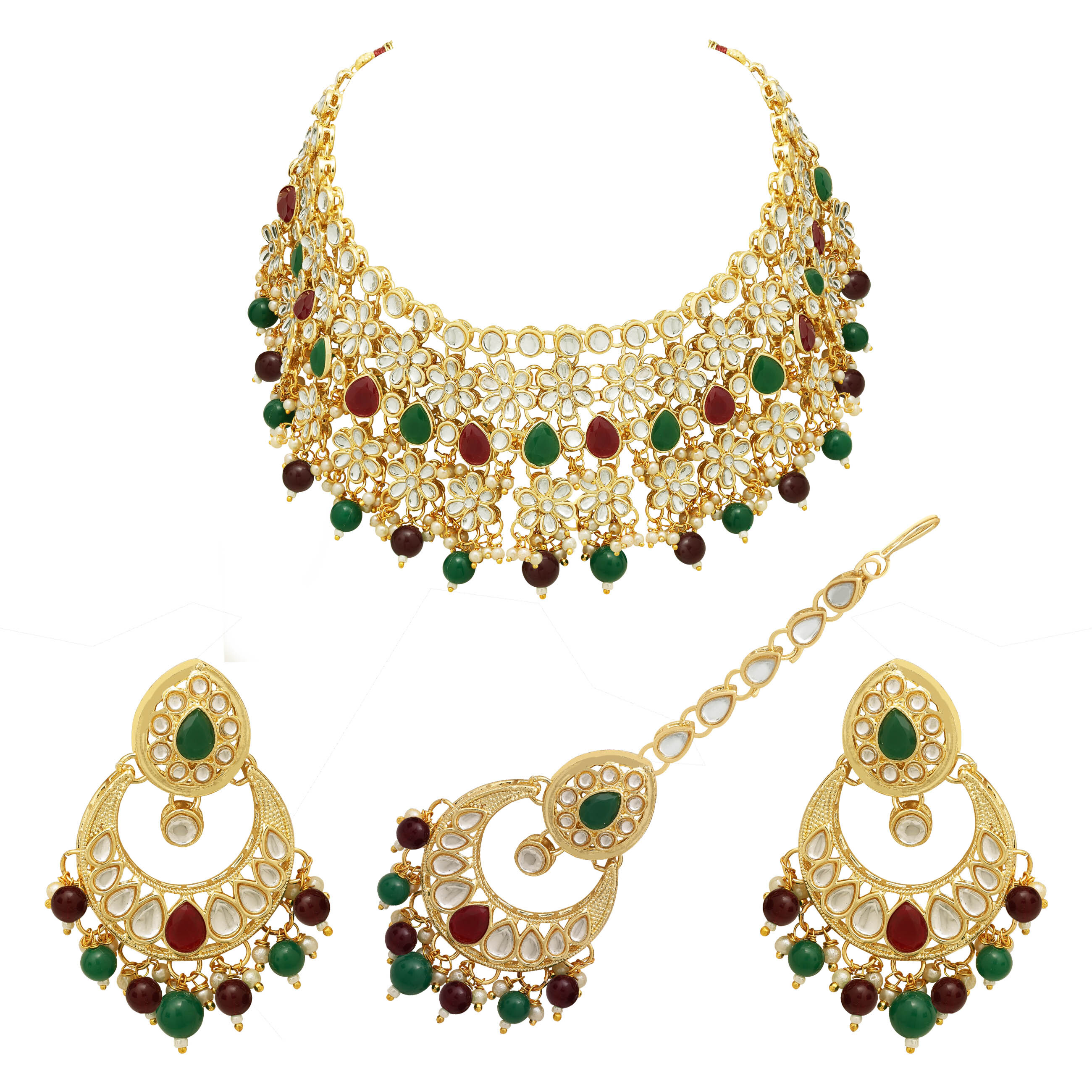 Blossoming Bride Kundan Choker Necklace Set - Alloy, 24x6 Cm Choker, 6x3.5 Cm Earrings, 11x3.5 Cm Maangtikka | Multicolor, Gold Plated, Channel Setting, Adjustable Size