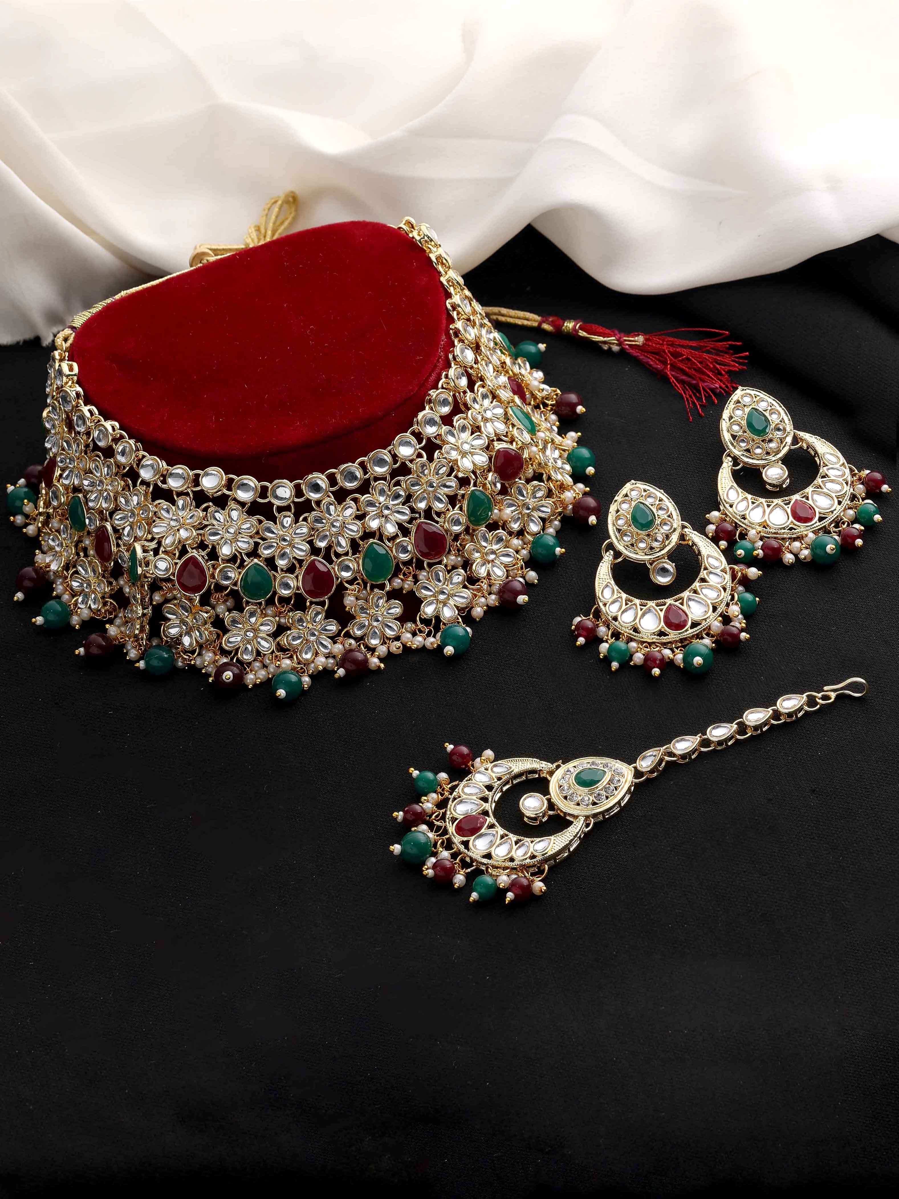 Blossoming Bride Kundan Choker Necklace Set - Alloy, 24x6 Cm Choker, 6x3.5 Cm Earrings, 11x3.5 Cm Maangtikka | Multicolor, Gold Plated, Channel Setting, Adjustable Size