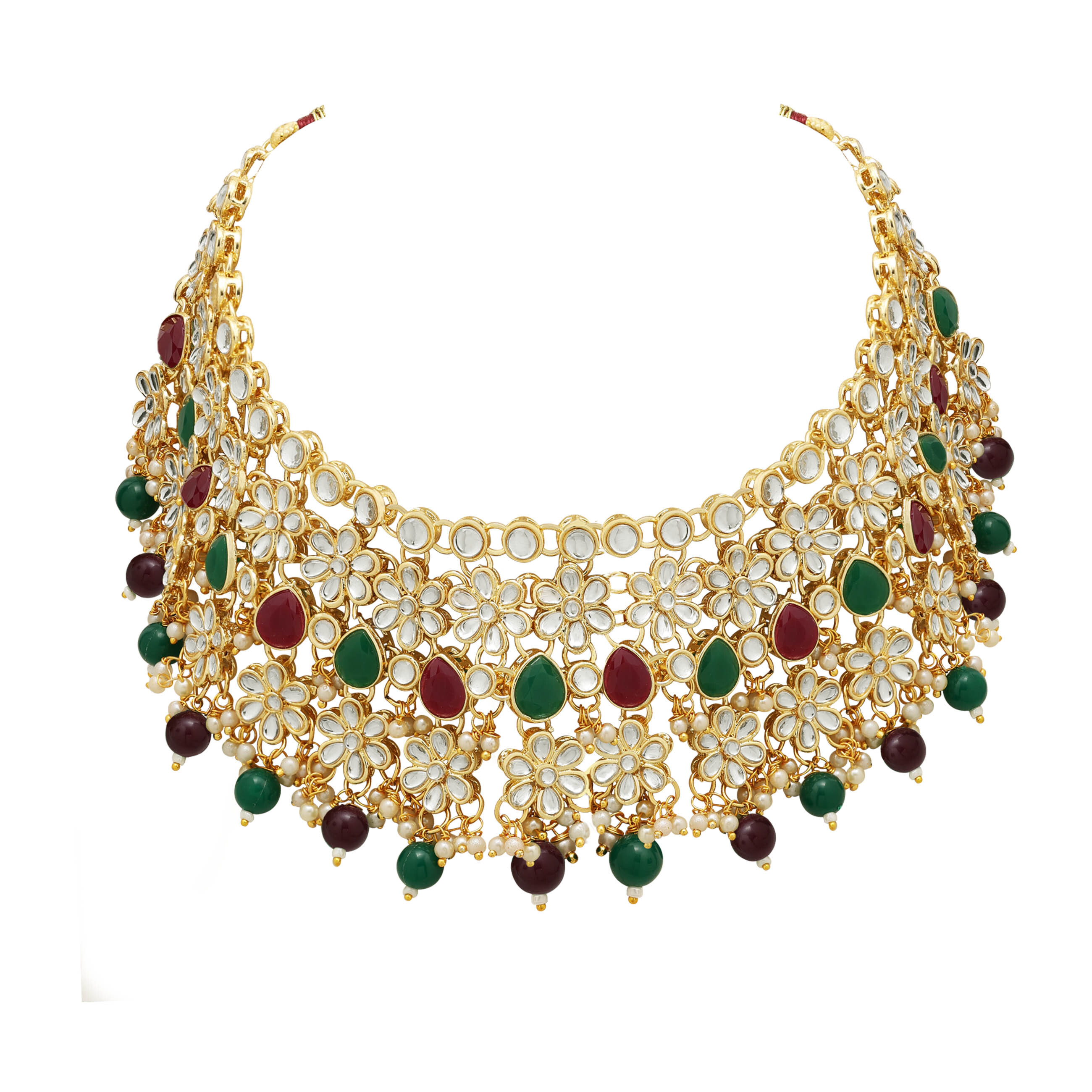 Blossoming Bride Kundan Choker Necklace Set - Alloy, 24x6 Cm Choker, 6x3.5 Cm Earrings, 11x3.5 Cm Maangtikka | Multicolor, Gold Plated, Channel Setting, Adjustable Size