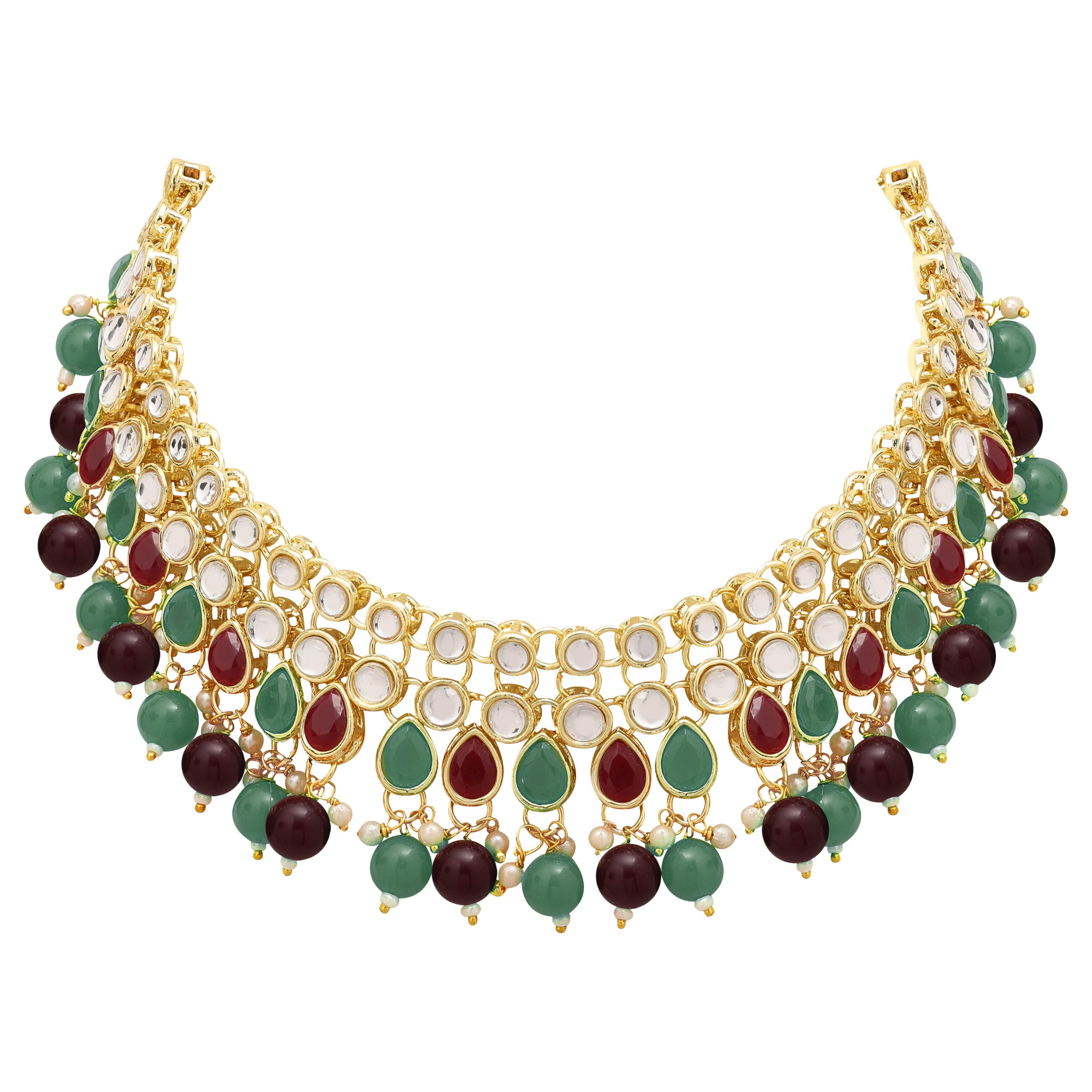 Emerald Elegance Kundan Choker Necklace Set - Alloy, 21.5cm Length, 3.5cm Width, Earring 5.5cm Length, 3.5cm Width, Maangtikka 11cm Length | Gold Plated, Multicolor, Adjustable Size, Ideal For Weddings & Engagements