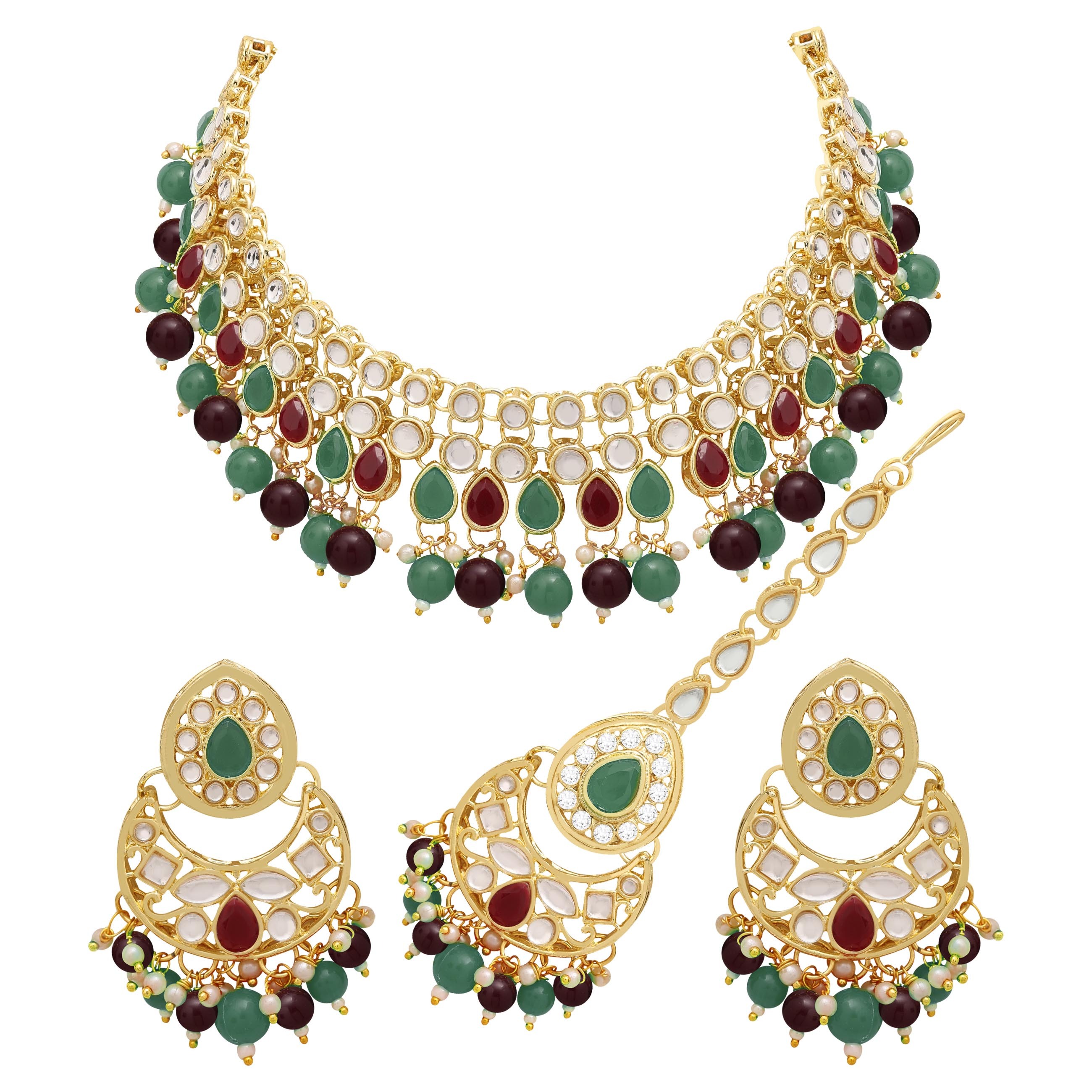 Emerald Elegance Kundan Choker Necklace Set - Alloy, 21.5cm Length, 3.5cm Width, Earring 5.5cm Length, 3.5cm Width, Maangtikka 11cm Length | Gold Plated, Multicolor, Adjustable Size, Ideal For Weddings & Engagements