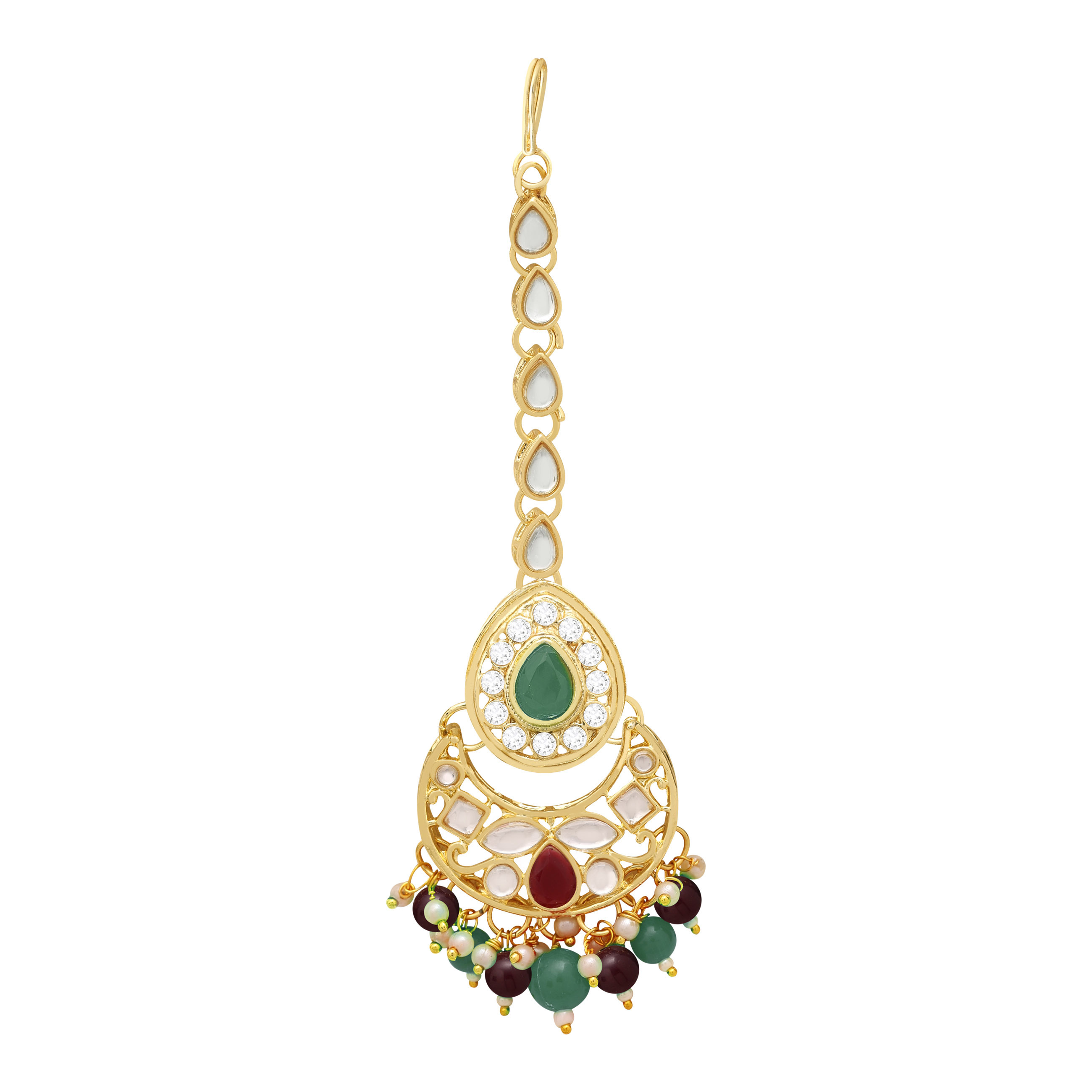Emerald Elegance Kundan Choker Necklace Set - Alloy, 21.5cm Length, 3.5cm Width, Earring 5.5cm Length, 3.5cm Width, Maangtikka 11cm Length | Gold Plated, Multicolor, Adjustable Size, Ideal For Weddings & Engagements