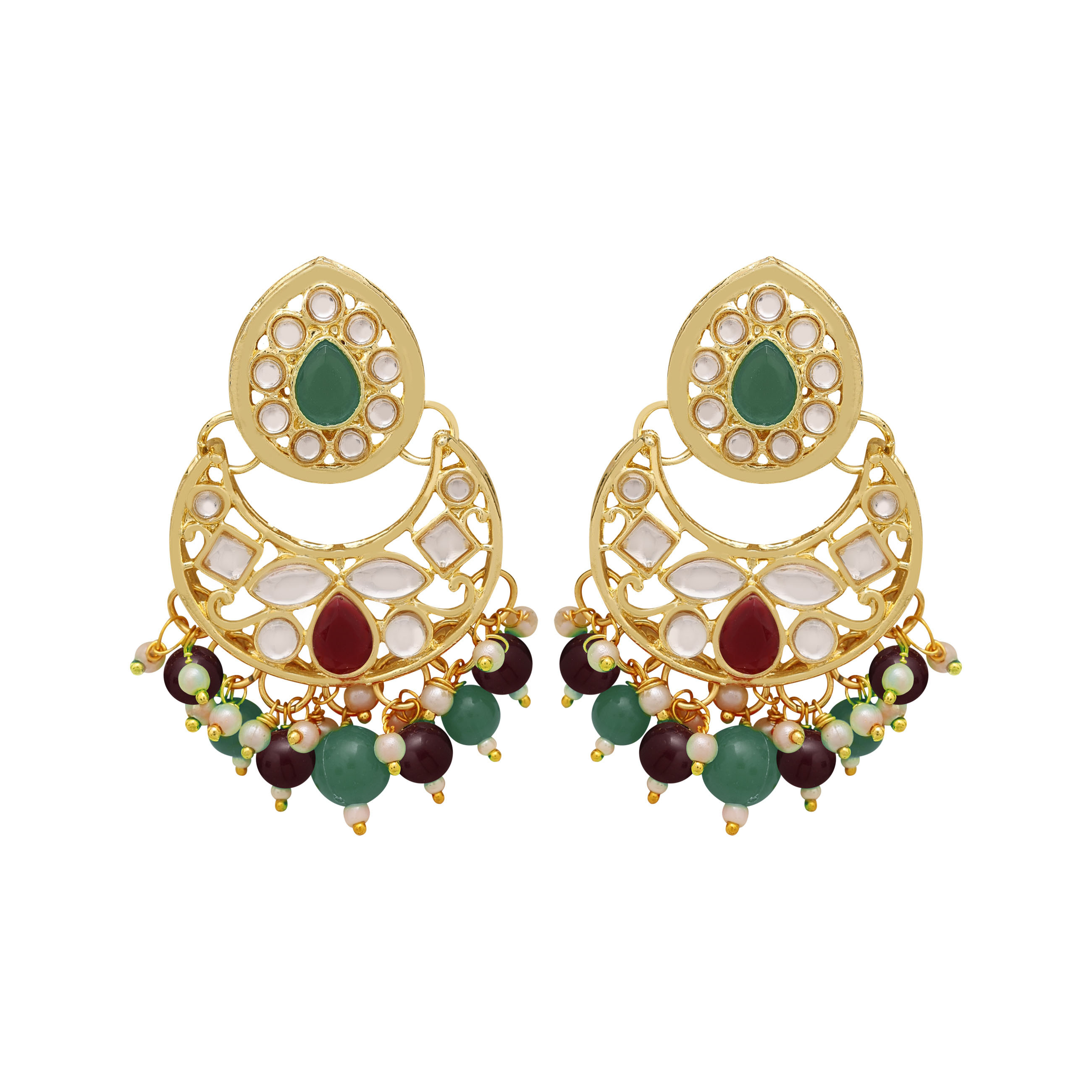 Emerald Elegance Kundan Choker Necklace Set - Alloy, 21.5cm Length, 3.5cm Width, Earring 5.5cm Length, 3.5cm Width, Maangtikka 11cm Length | Gold Plated, Multicolor, Adjustable Size, Ideal For Weddings & Engagements
