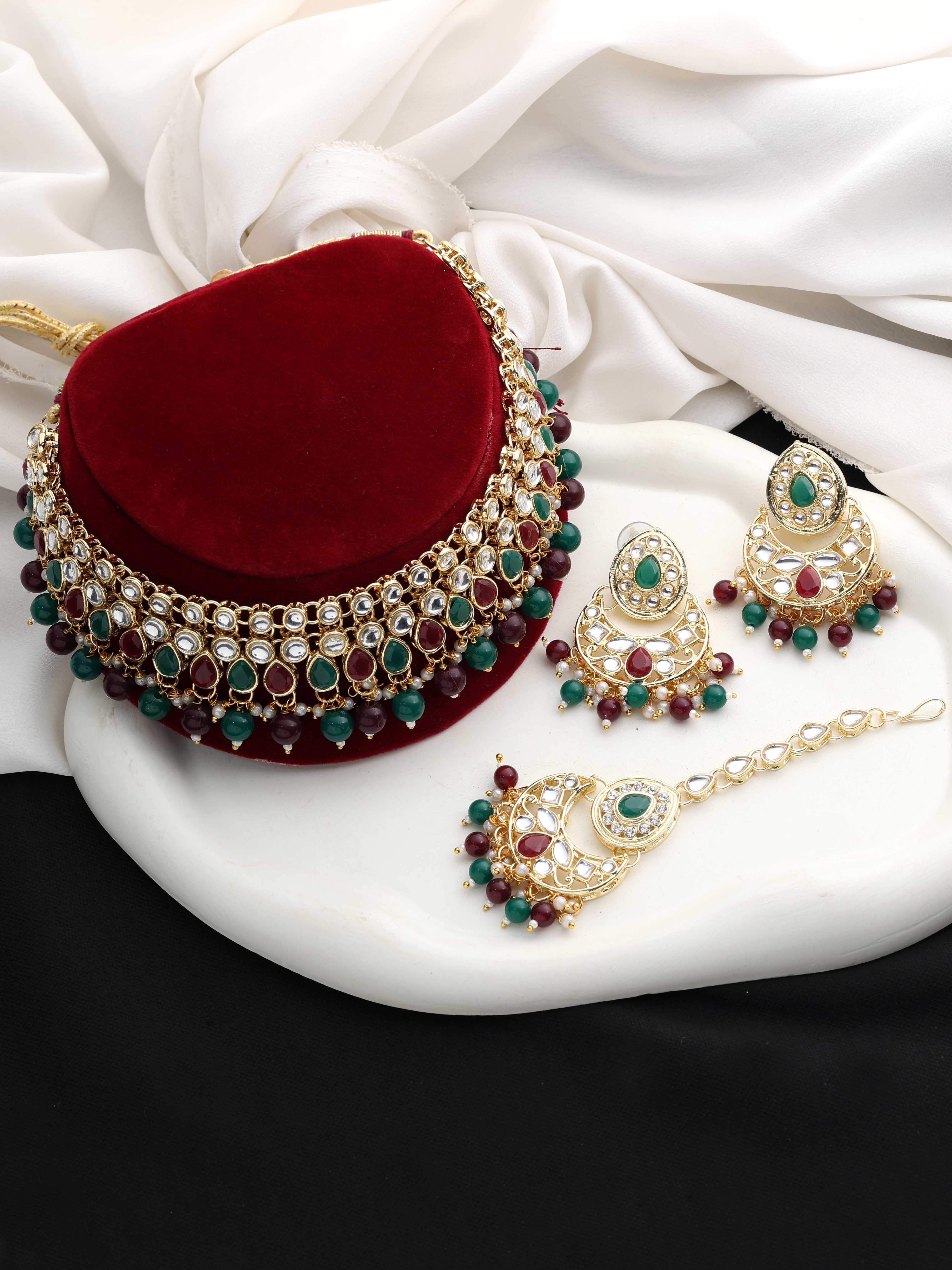 Emerald Elegance Kundan Choker Necklace Set - Alloy, 21.5cm Length, 3.5cm Width, Earring 5.5cm Length, 3.5cm Width, Maangtikka 11cm Length | Gold Plated, Multicolor, Adjustable Size, Ideal For Weddings & Engagements