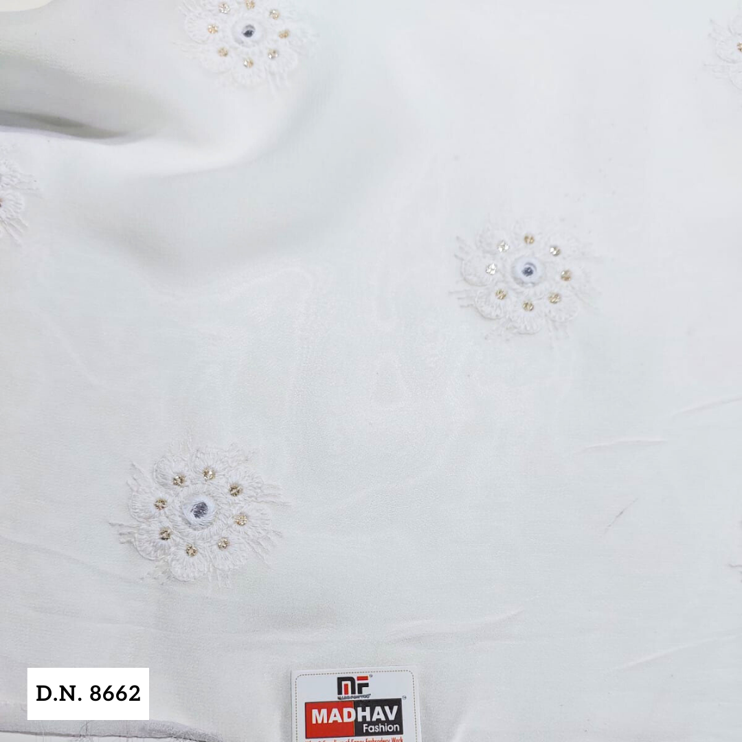 Madhav Fashion White Cotton Blend Embroidered Fabric With Gold Sequin Motif - 44 Inches Wide, Comfortable & Soft, Ideal For Suits, Tops, Sarees