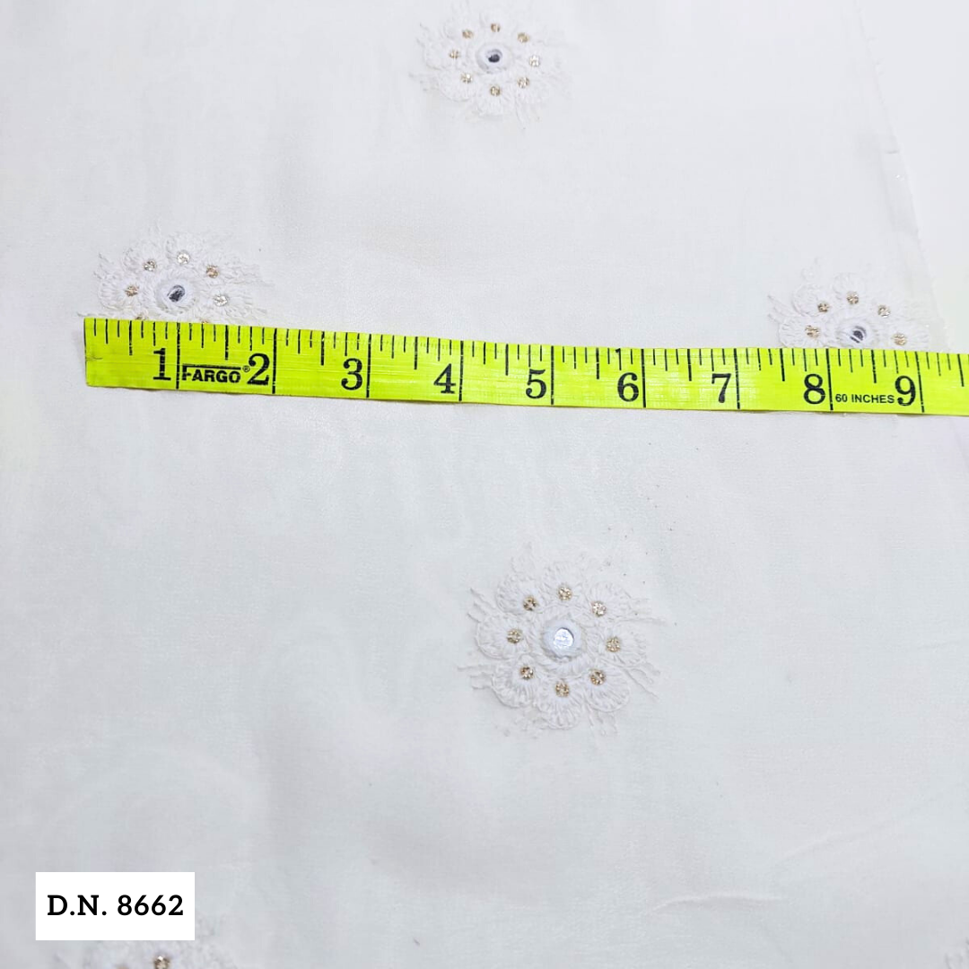 Madhav Fashion White Cotton Blend Embroidered Fabric With Gold Sequin Motif - 44 Inches Wide, Comfortable & Soft, Ideal For Suits, Tops, Sarees