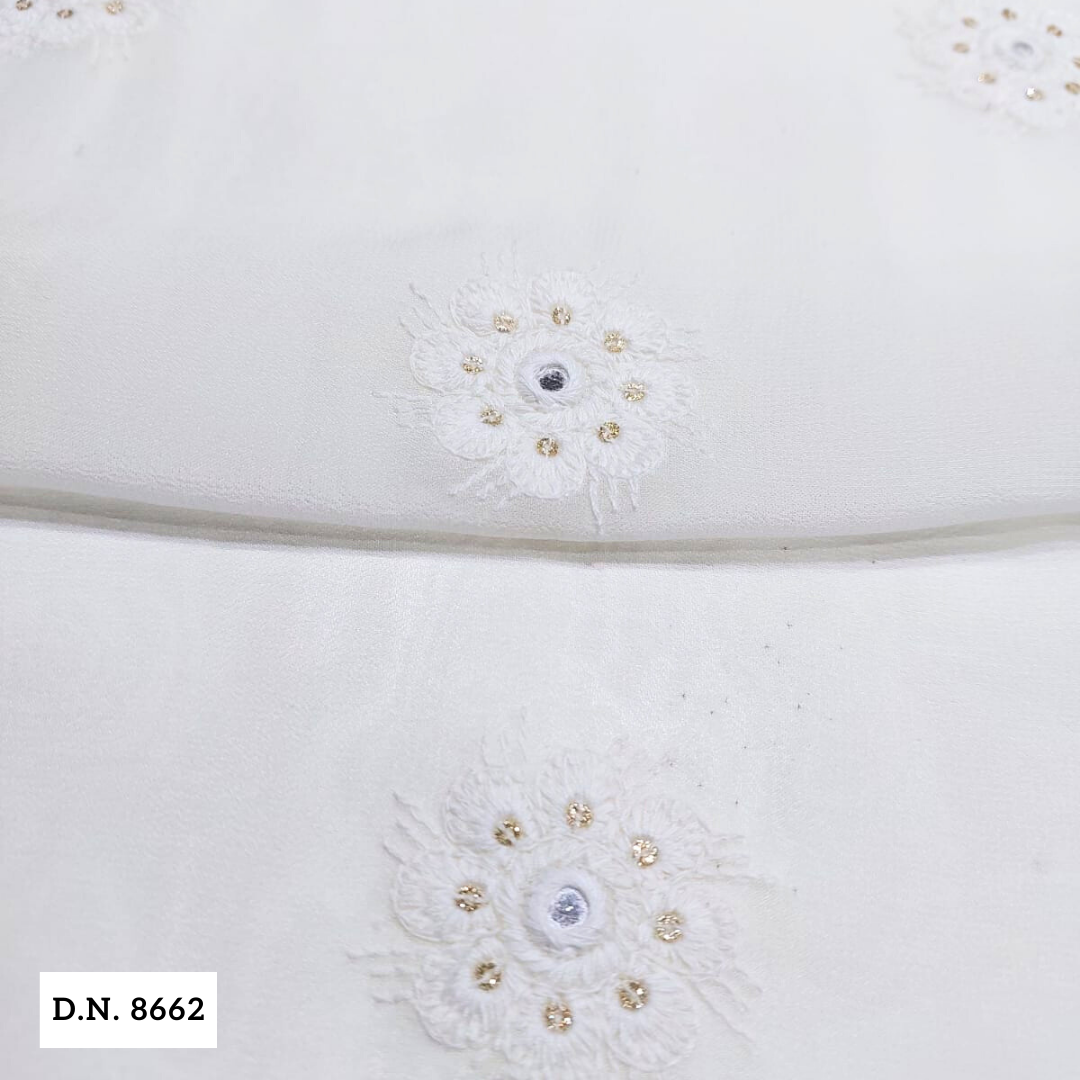 Madhav Fashion White Cotton Blend Embroidered Fabric With Gold Sequin Motif - 44 Inches Wide, Comfortable & Soft, Ideal For Suits, Tops, Sarees