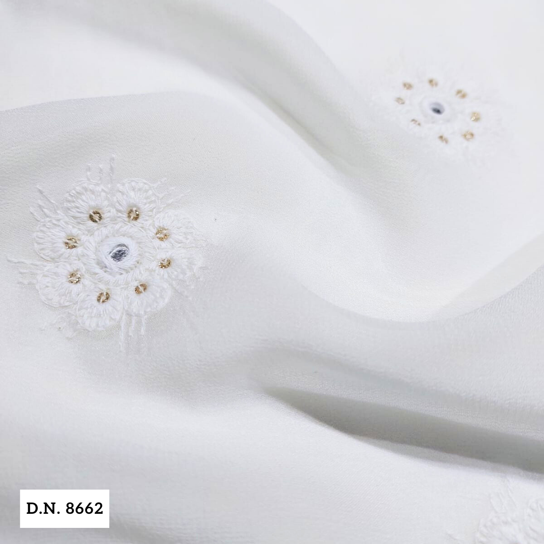 Madhav Fashion White Cotton Blend Embroidered Fabric With Gold Sequin Motif - 44 Inches Wide, Comfortable & Soft, Ideal For Suits, Tops, Sarees