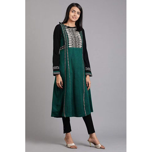 Washable W Green Round Neck Solid Winter Kurta