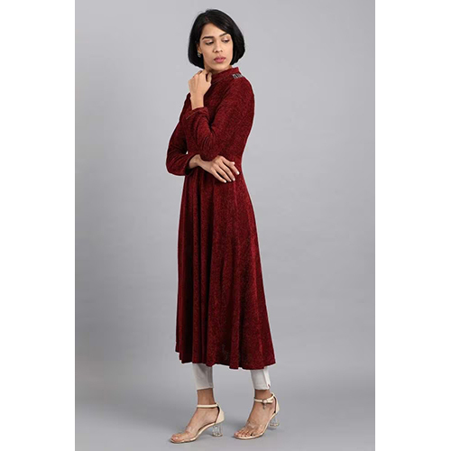 Washable W Maroon Mandarin Neck Winter Kurta