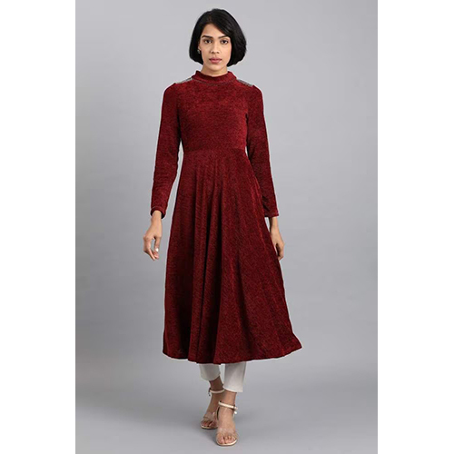 Washable W Maroon Mandarin Neck Winter Kurta
