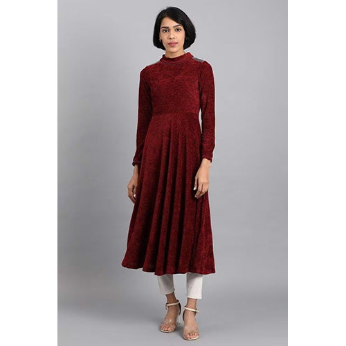 Washable W Maroon Mandarin Neck Winter Kurta