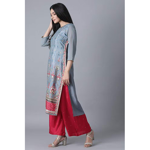 W Grey Floral Print Kurta - Cotton Blend, 3/4 Sleeve, Casual & Party Wear | Washable, Elegant Design, Perfect For Summer Occasions