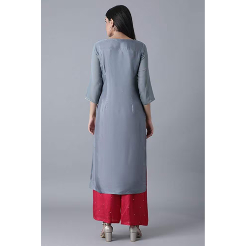 W Grey Floral Print Kurta - Cotton Blend, 3/4 Sleeve, Casual & Party Wear | Washable, Elegant Design, Perfect For Summer Occasions