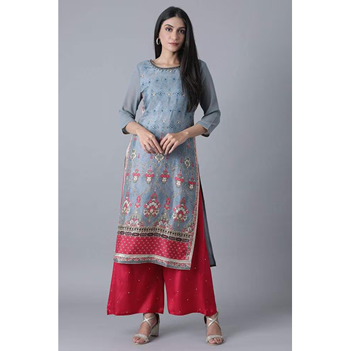 W Grey Floral Print Kurta - Cotton Blend, 3/4 Sleeve, Casual & Party Wear | Washable, Elegant Design, Perfect For Summer Occasions