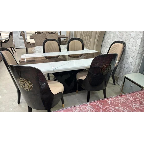 Modern Luxury 6 Seater Dining Table - Teak Wood, 6x3.5 Feet | Polished Marble Top, No Assembly Required, Durable Indian Craftsmanship