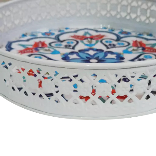 Metal Decorative Serving Tray - High-quality Metal, Round Shape, Multicolor Finish | Designer Pattern, Durable Design, Elegant Centerpiece