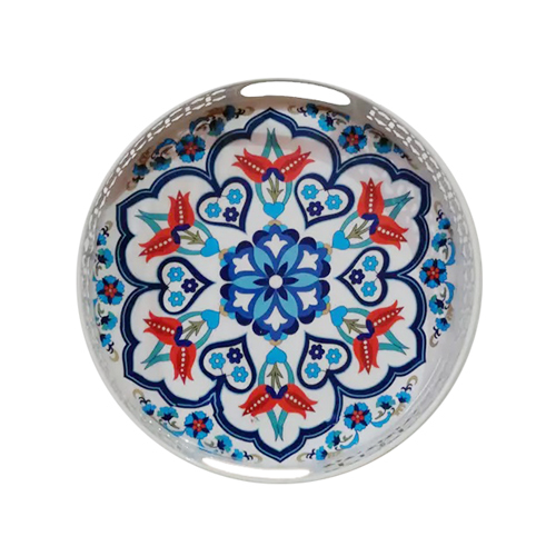 Metal Decorative Serving Tray - High-quality Metal, Round Shape, Multicolor Finish | Designer Pattern, Durable Design, Elegant Centerpiece