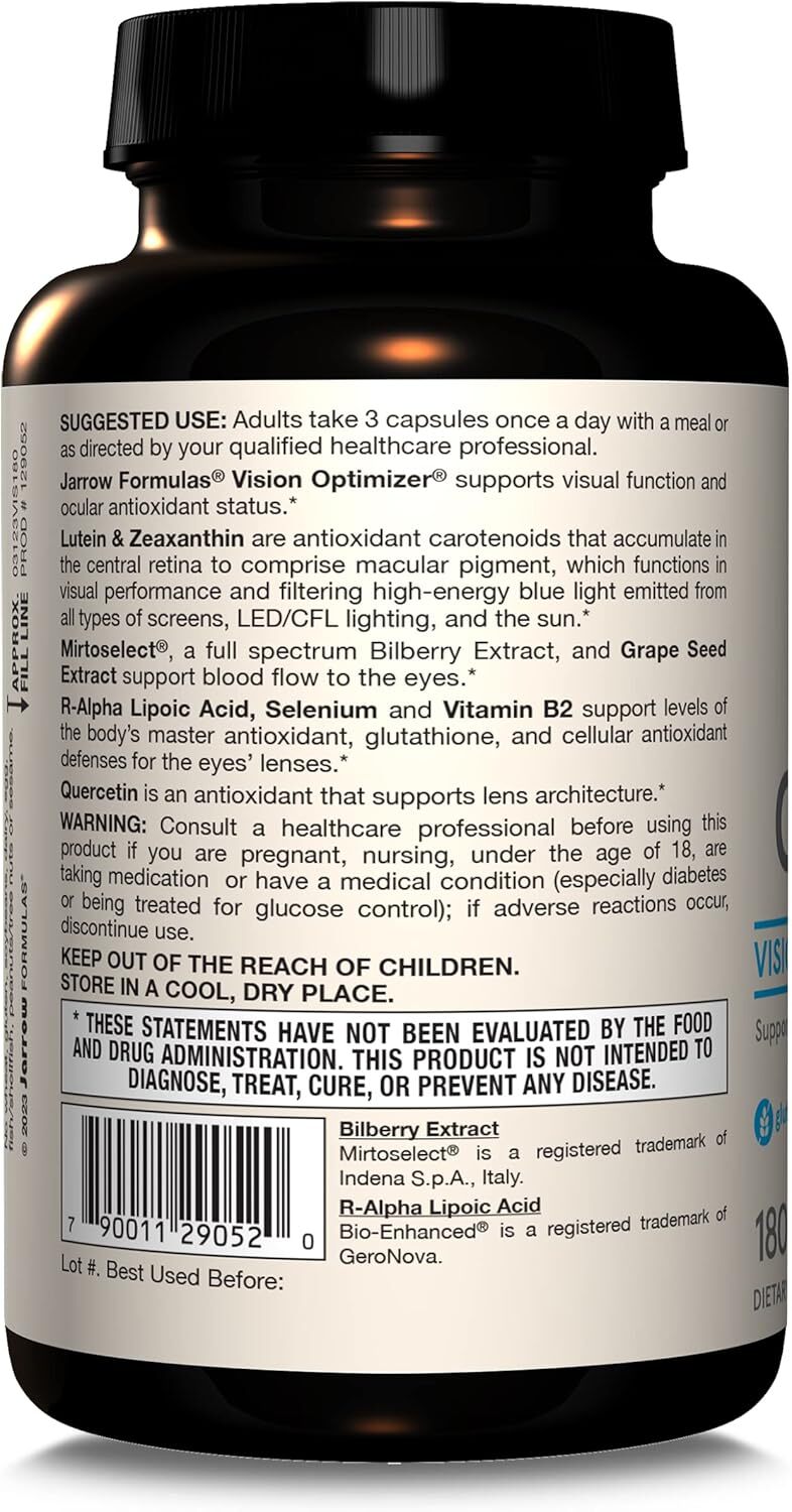 Jarrow Formulas Vision Optimizer Veggie Capsules - 180 Count | Antioxidant Blend, Eye Health Support, Gluten-free, Non-gmo, Vegan Capsules