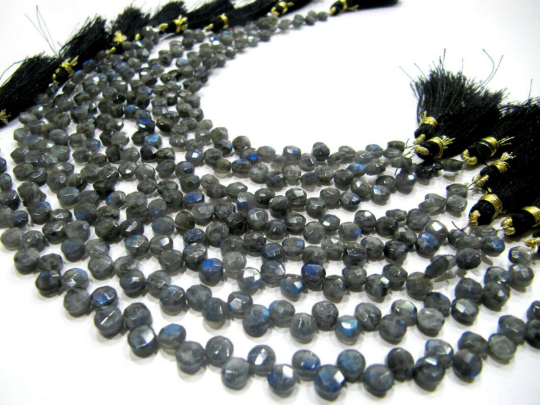 Natural Labradorite Coin Shape 5-6mm Beads Sold Per Strand 8 Inch Long - Beads Colour: Grey