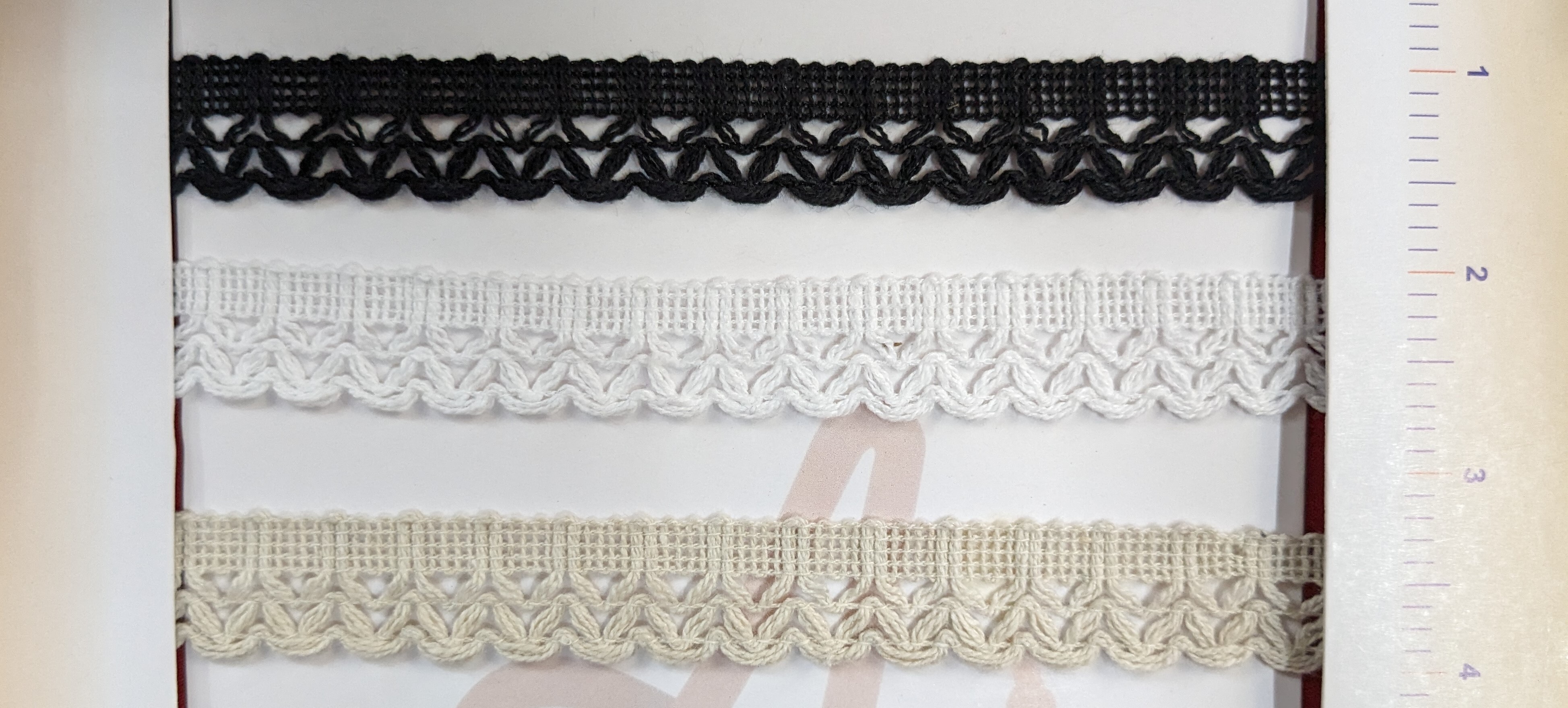 Cotton Lace Double M - 45 Meter Length, One-sided Knitted Pattern | Dyeable In White, Black, Grey, .6 Inch Width