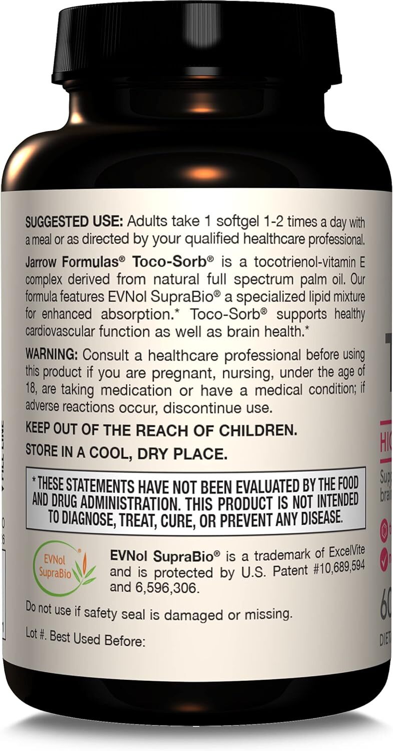 Jarrow Formulas Toco-sorb Cardiovascular Health And Brain Function - 60 Softgels | Tocotrienol-vitamin E Complex, High Absorption, Non-gmo, Gluten-free