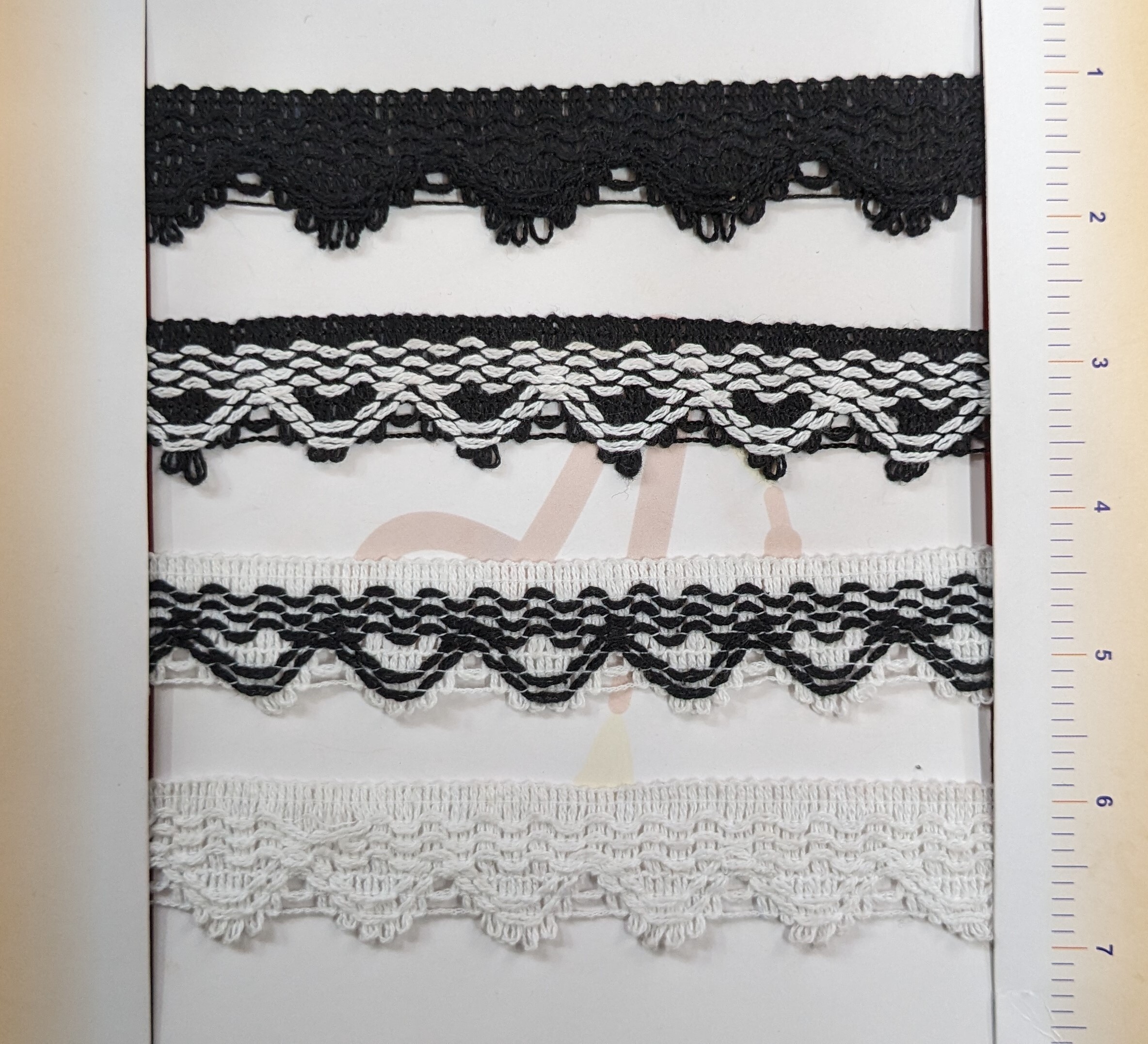 Heavy Decor Cotton Lace - 1.1 Inch Wide, 45 Mtr Length, Dyeable Cotton | Colors: White, Black, Black-white, White-black, One-sided, Knitted Pattern