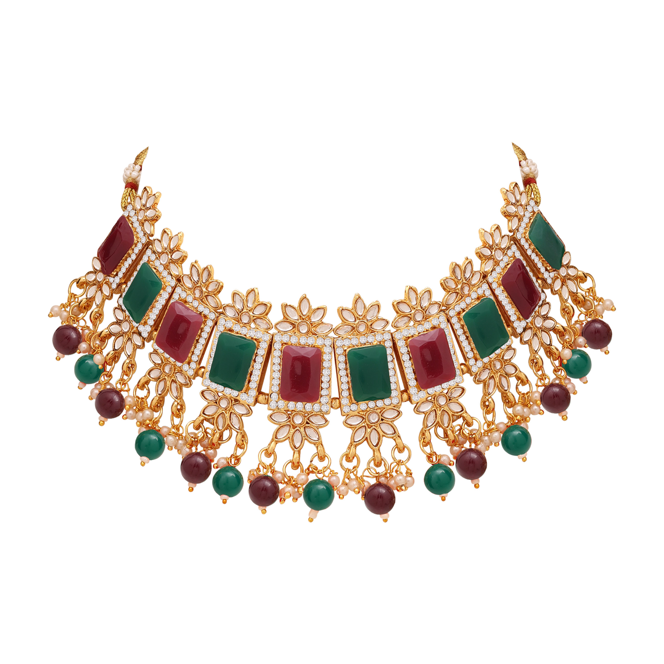 Divine Square Kundan Choker Necklace Set - Color: Multicolor