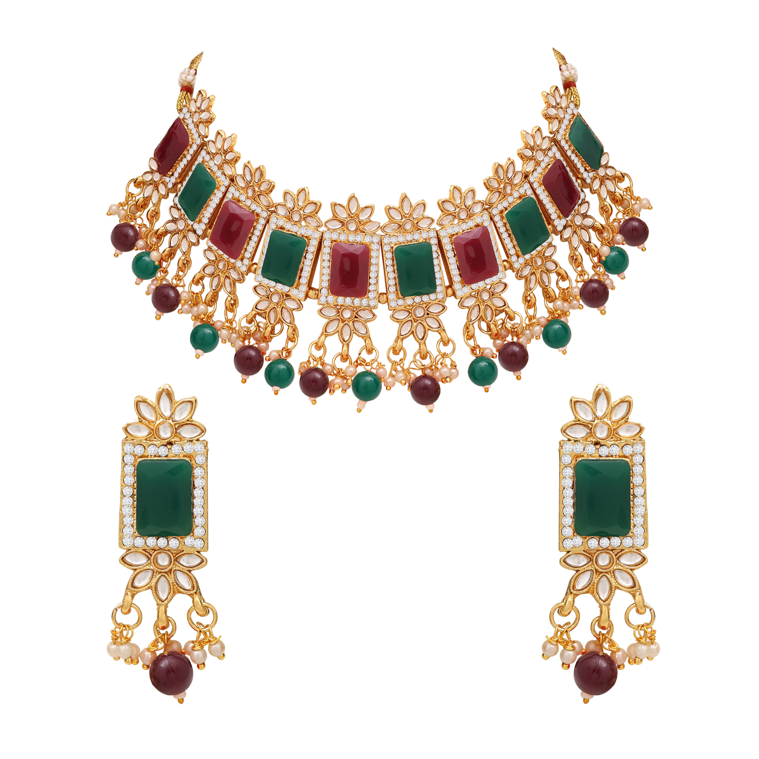 Divine Square Kundan Choker Necklace Set - Color: Multicolor