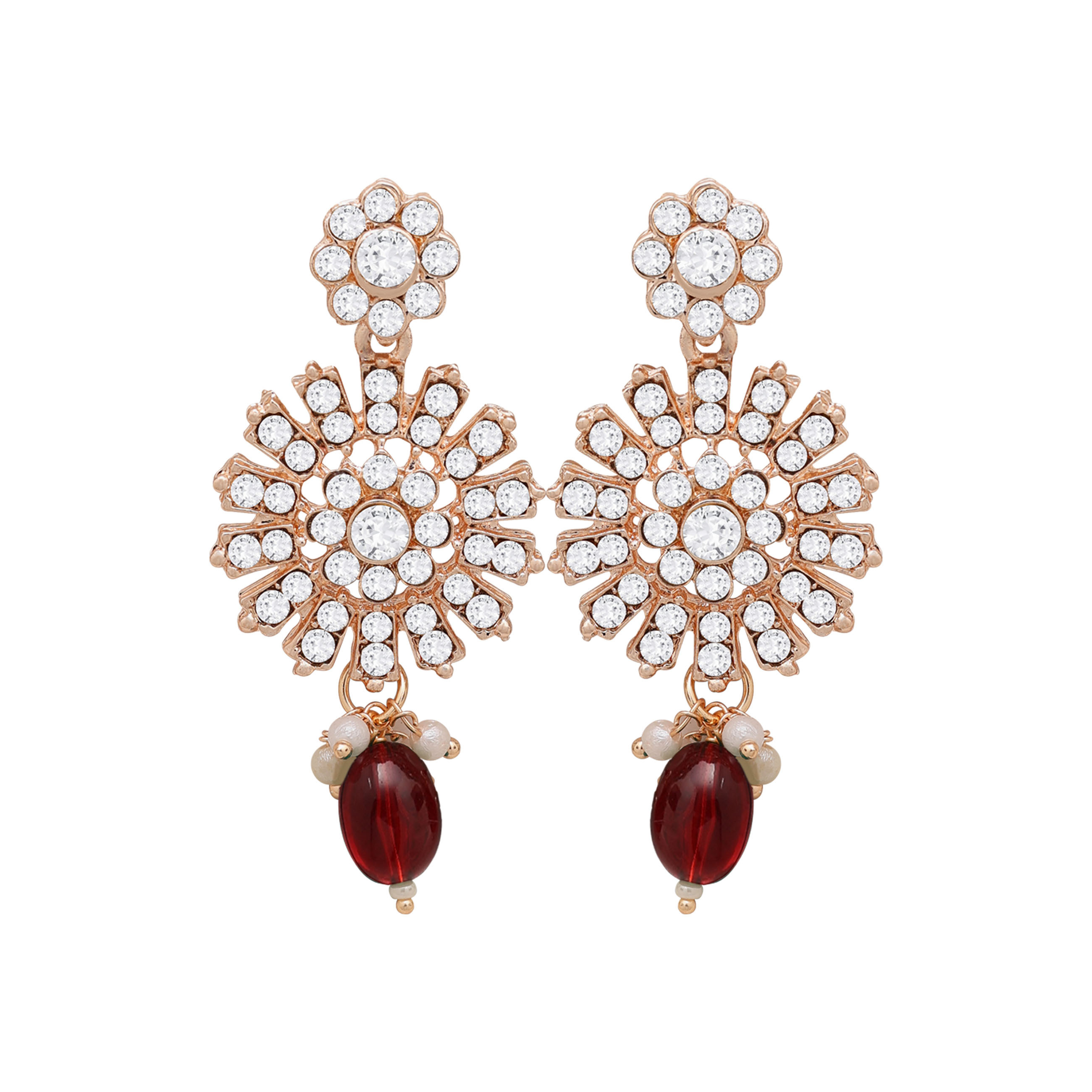 Blossom Brilliance Austrian Stone Necklace Set - Alloy Necklaces Length 21.5 Cm Width 3.5 Cm Red Color Rose Gold Plated Adjustable Size Floral Design
