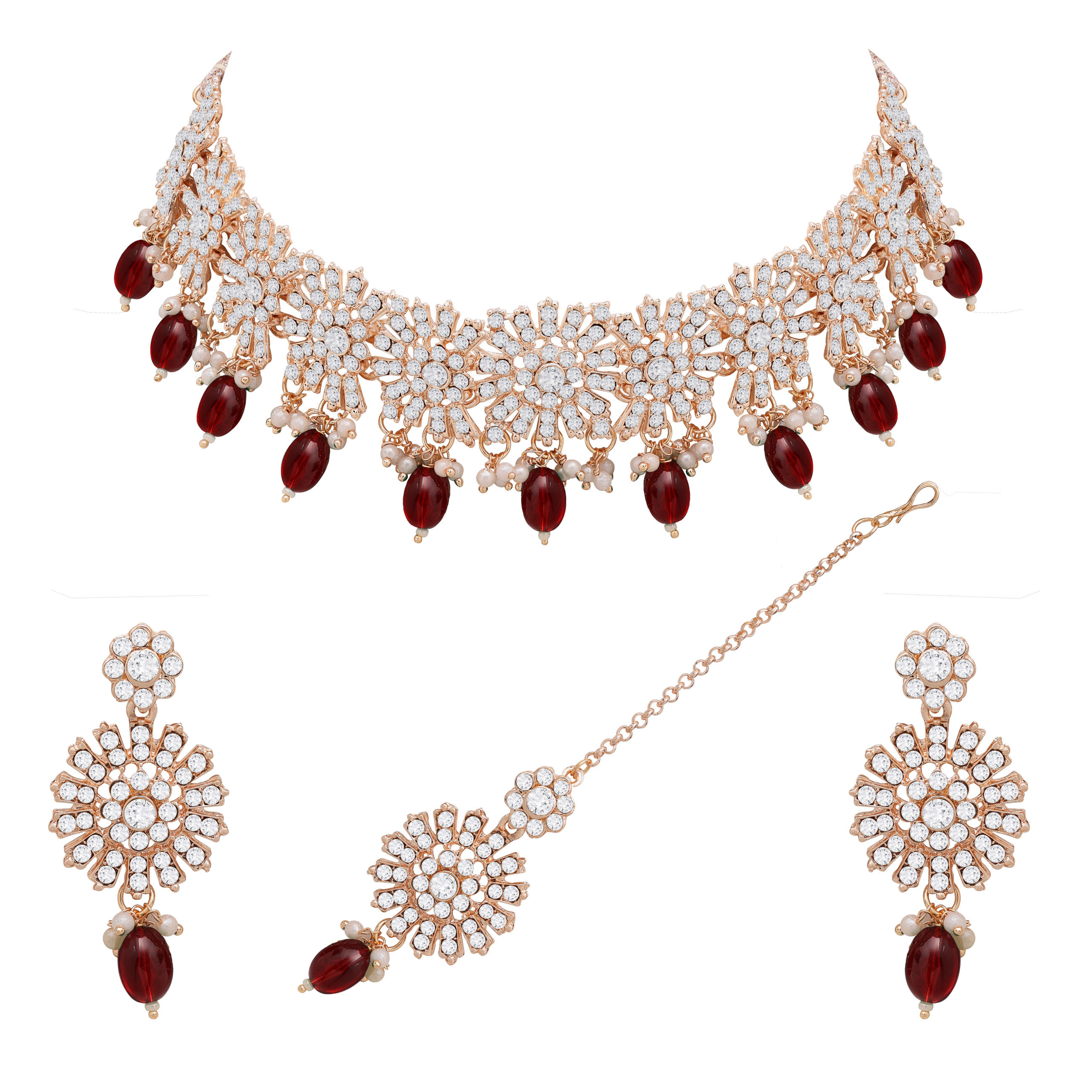 Blossom Brilliance Austrian Stone Necklace Set - Alloy Necklaces Length 21.5 Cm Width 3.5 Cm Red Color Rose Gold Plated Adjustable Size Floral Design