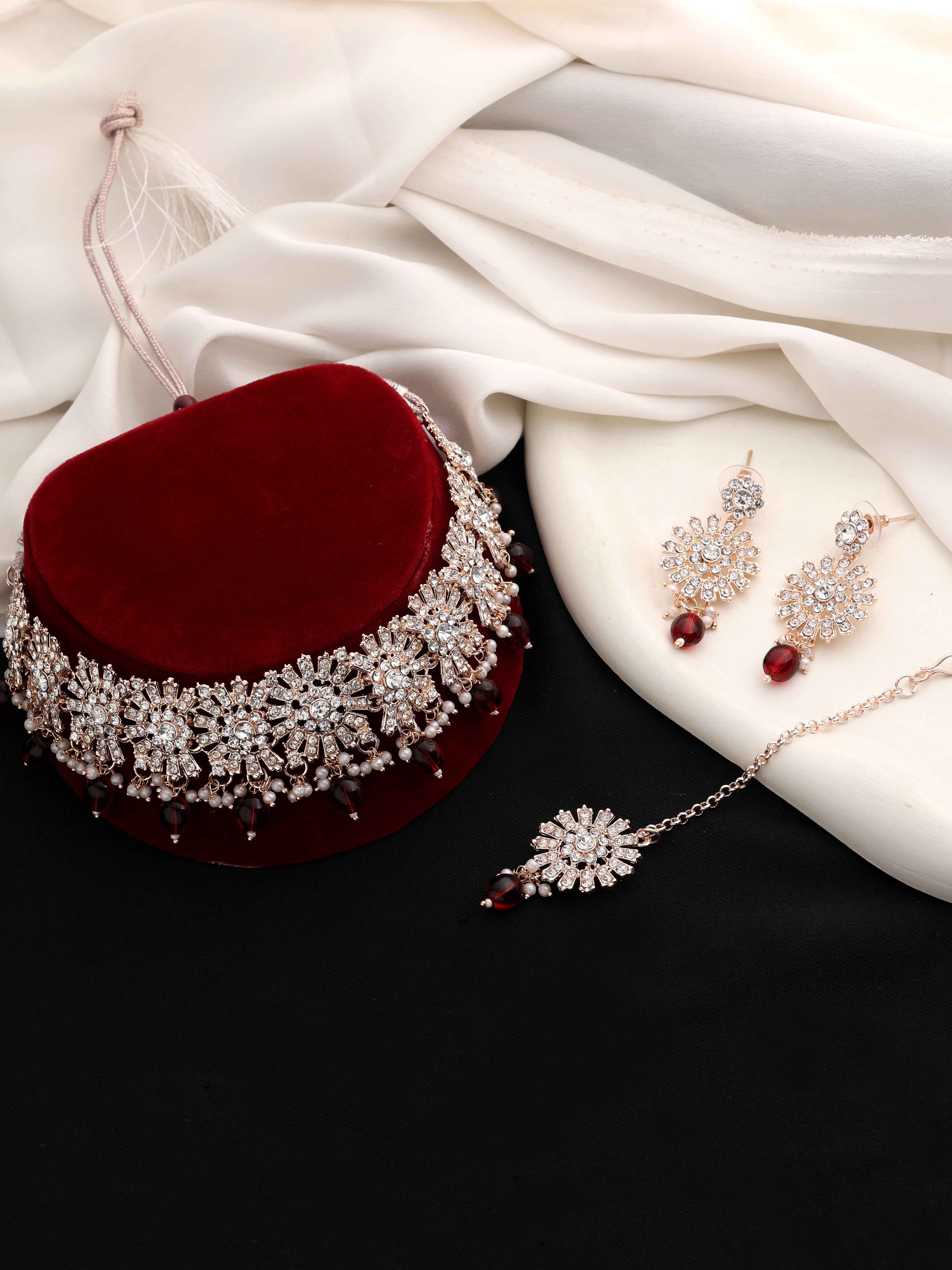 Blossom Brilliance Austrian Stone Necklace Set - Alloy Necklaces Length 21.5 Cm Width 3.5 Cm Red Color Rose Gold Plated Adjustable Size Floral Design