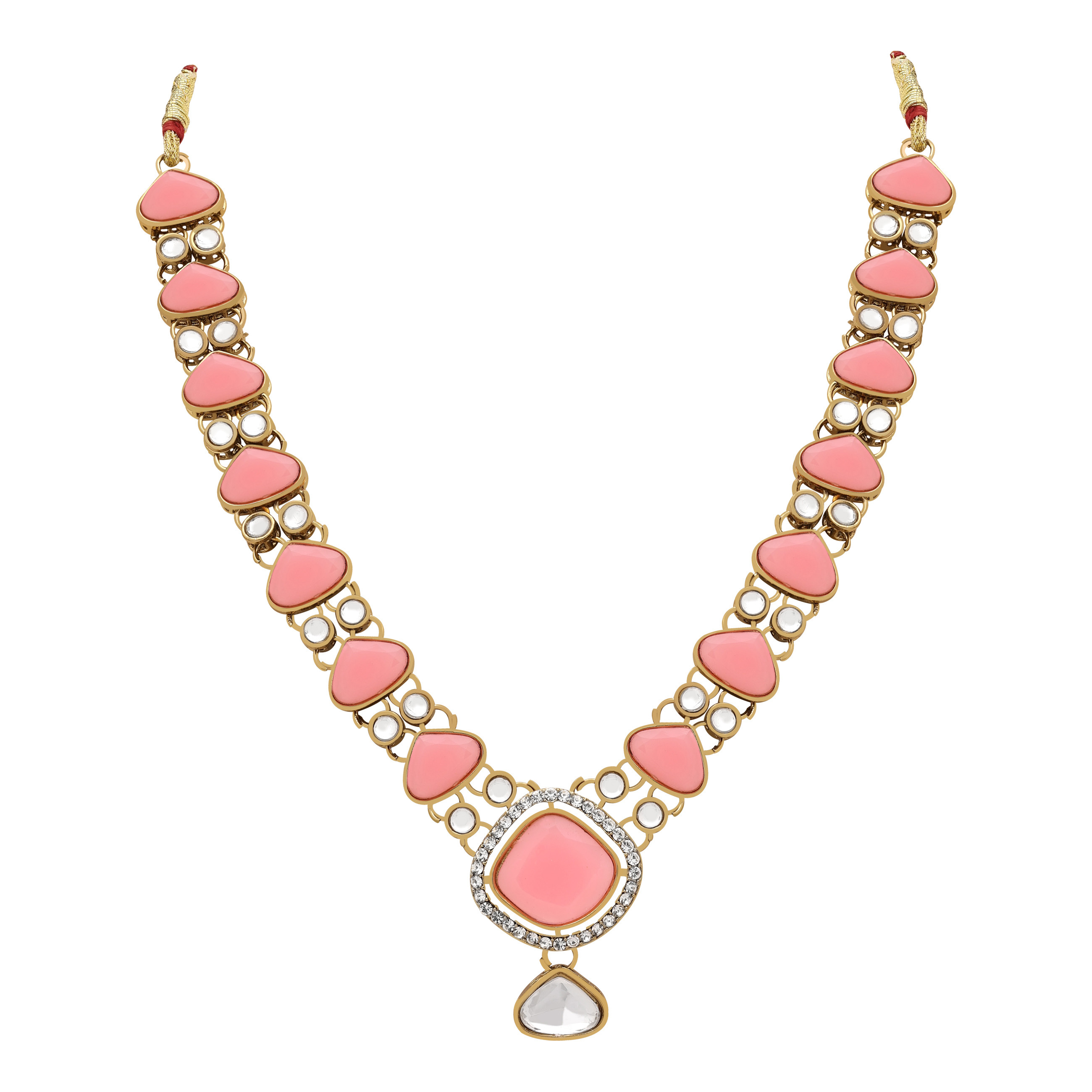 Classic Grace Mehandi Plated Kundan Choker Necklace Set - Alloy, 28 Cm Length, Peach Color | Includes Earring, Maangtikka, Adjustable Ring, Ideal For Women's Special Occasions