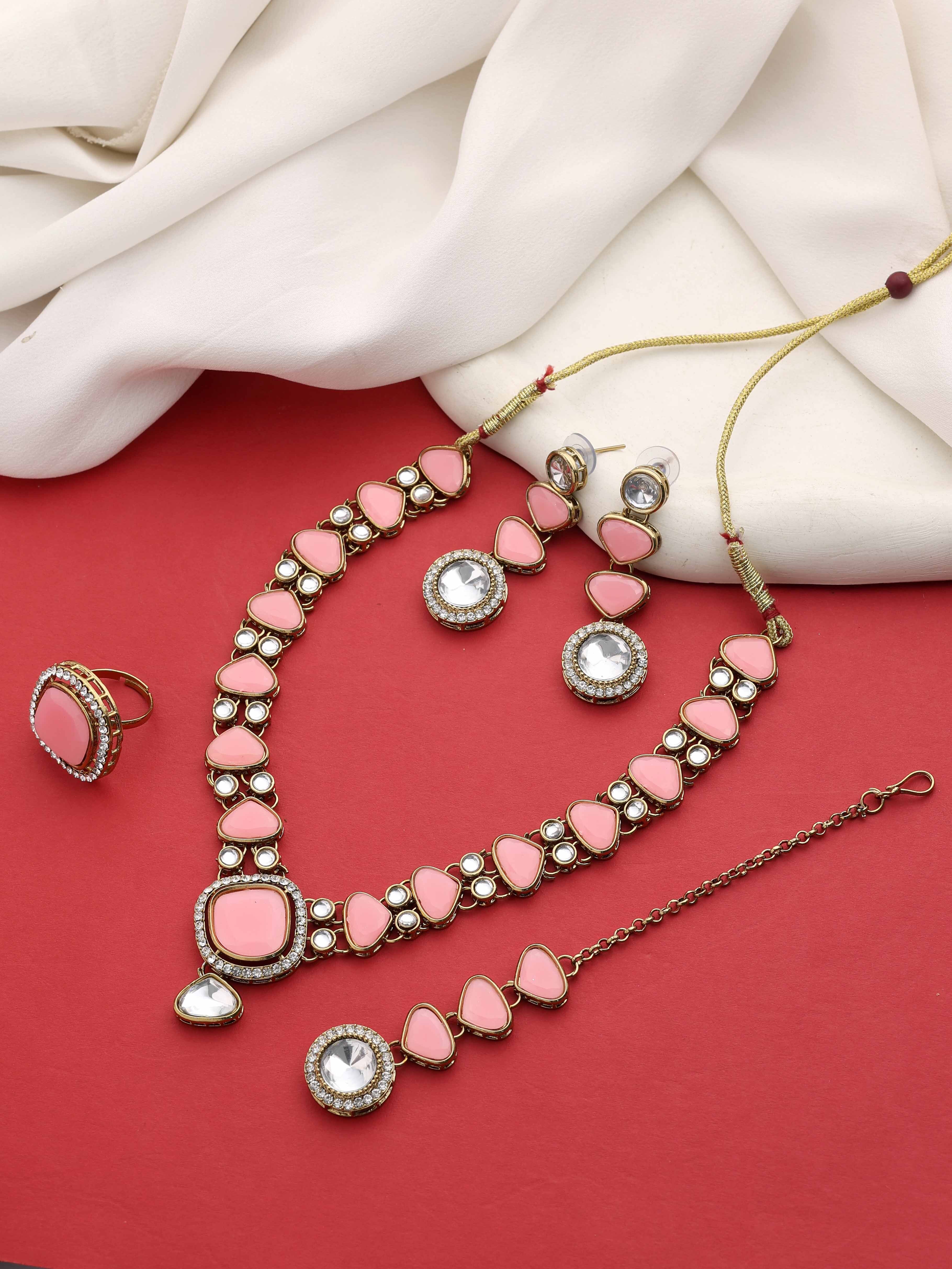 Classic Grace Mehandi Plated Kundan Choker Necklace Set - Alloy, 28 Cm Length, Peach Color | Includes Earring, Maangtikka, Adjustable Ring, Ideal For Women's Special Occasions