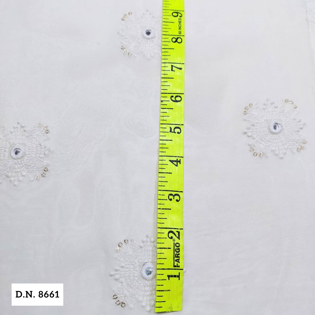 White Georgette Embroidered Fabric With Butti Design - Attributes: Comfortable & Soft