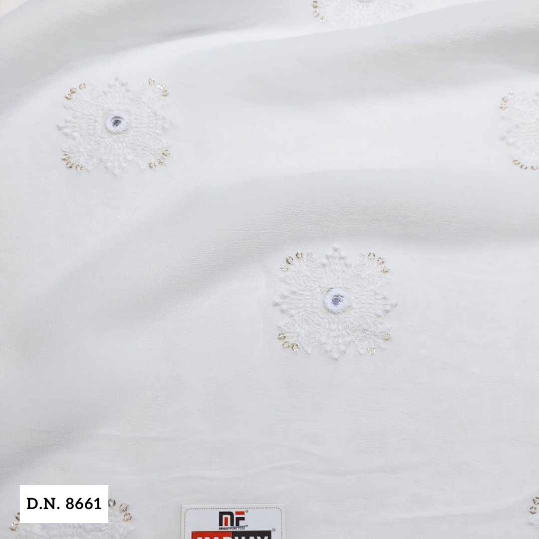 White Georgette Embroidered Fabric With Butti Design - Attributes: Comfortable & Soft
