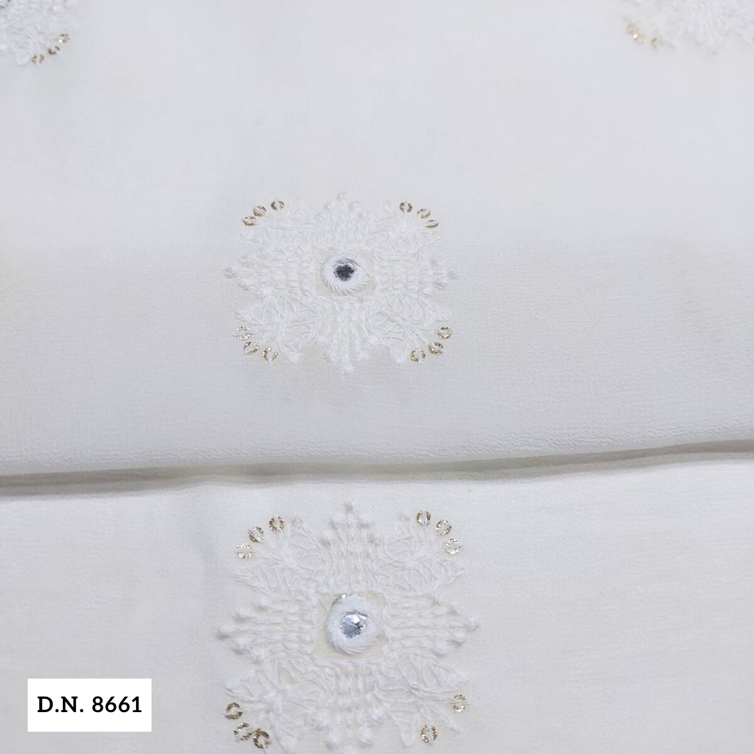 White Georgette Embroidered Fabric With Butti Design - Attributes: Comfortable & Soft