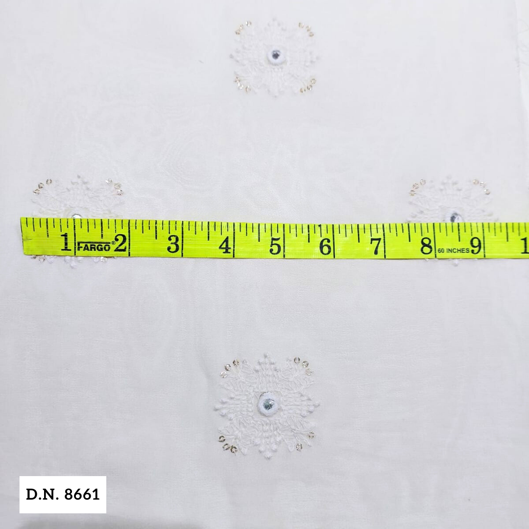 White Georgette Embroidered Fabric With Butti Design - Attributes: Comfortable & Soft
