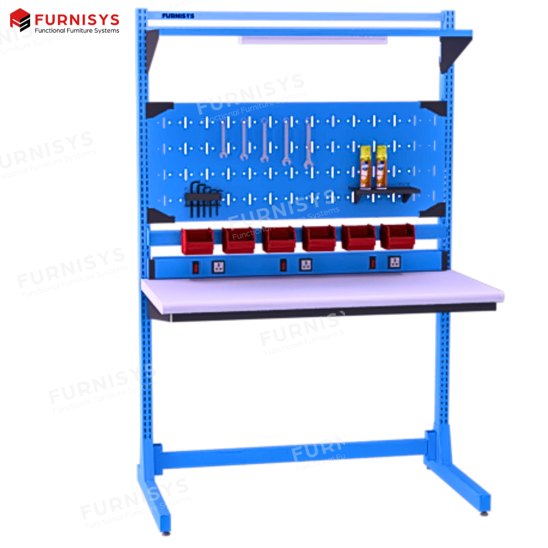 Modular Work Bench - Crca Tubes & Sheets, 3-5 Feet Height, 5-8 Feet Width, Silver/grey/blue/black | Versatile Industrial Solution With 50-450 Kg Loading Capacity